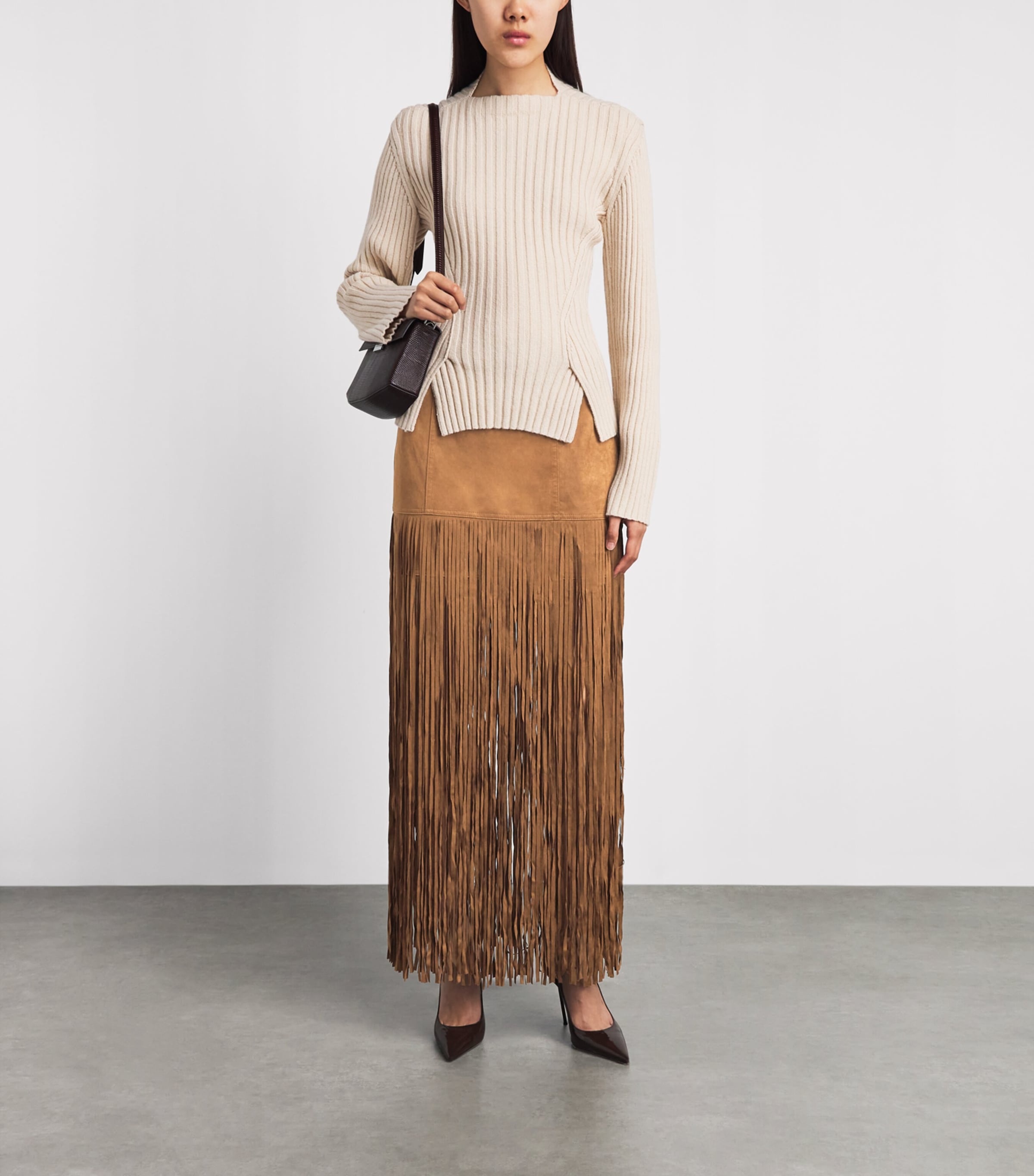 Toccin Womens Faux Leather Fringe Soren Midi Skirt Cedar Image 2