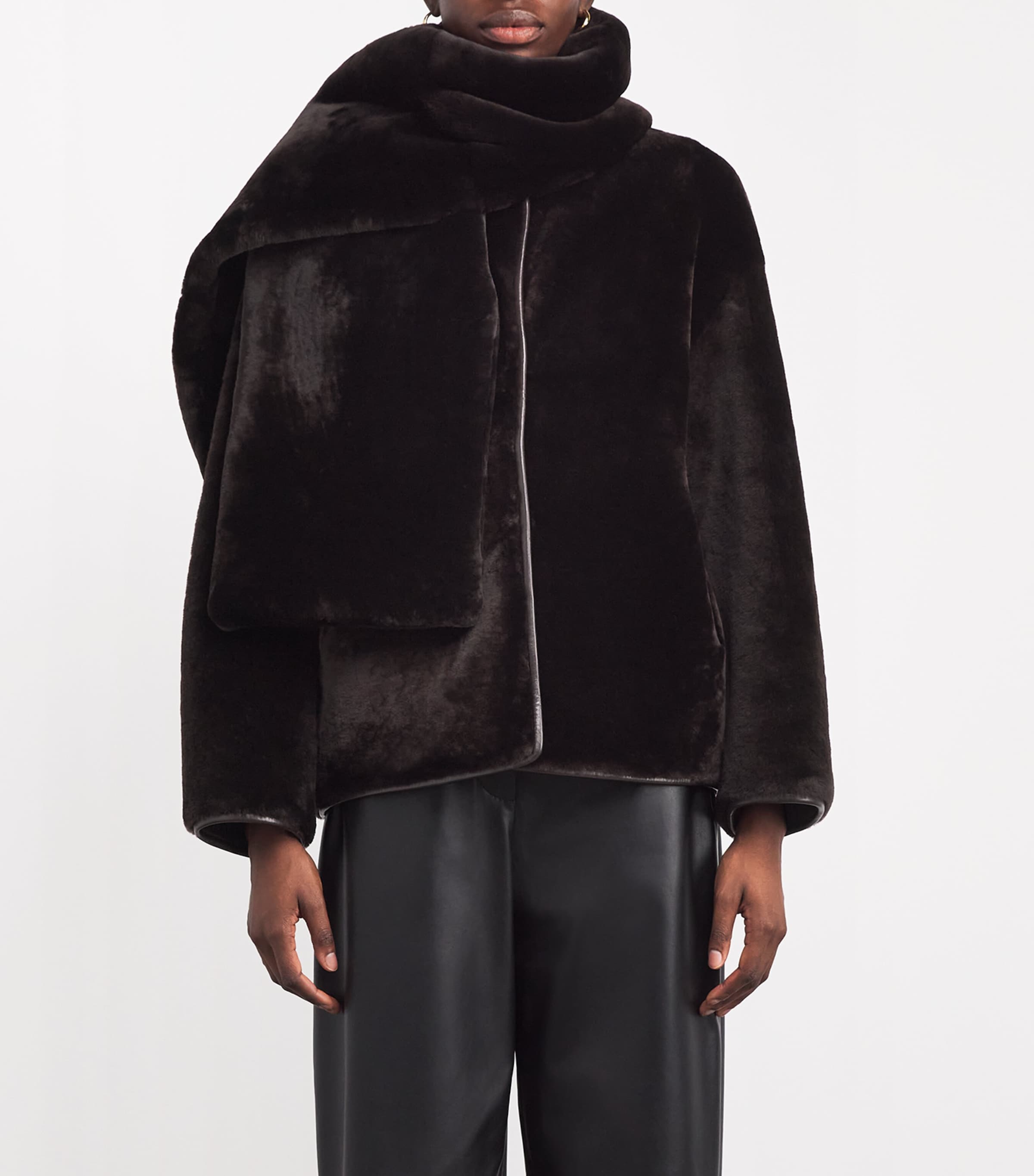 NOUR HAMMOUR Womens Lamb Fur Lyra Coat and Scarf Cocolat Fondant Image 3