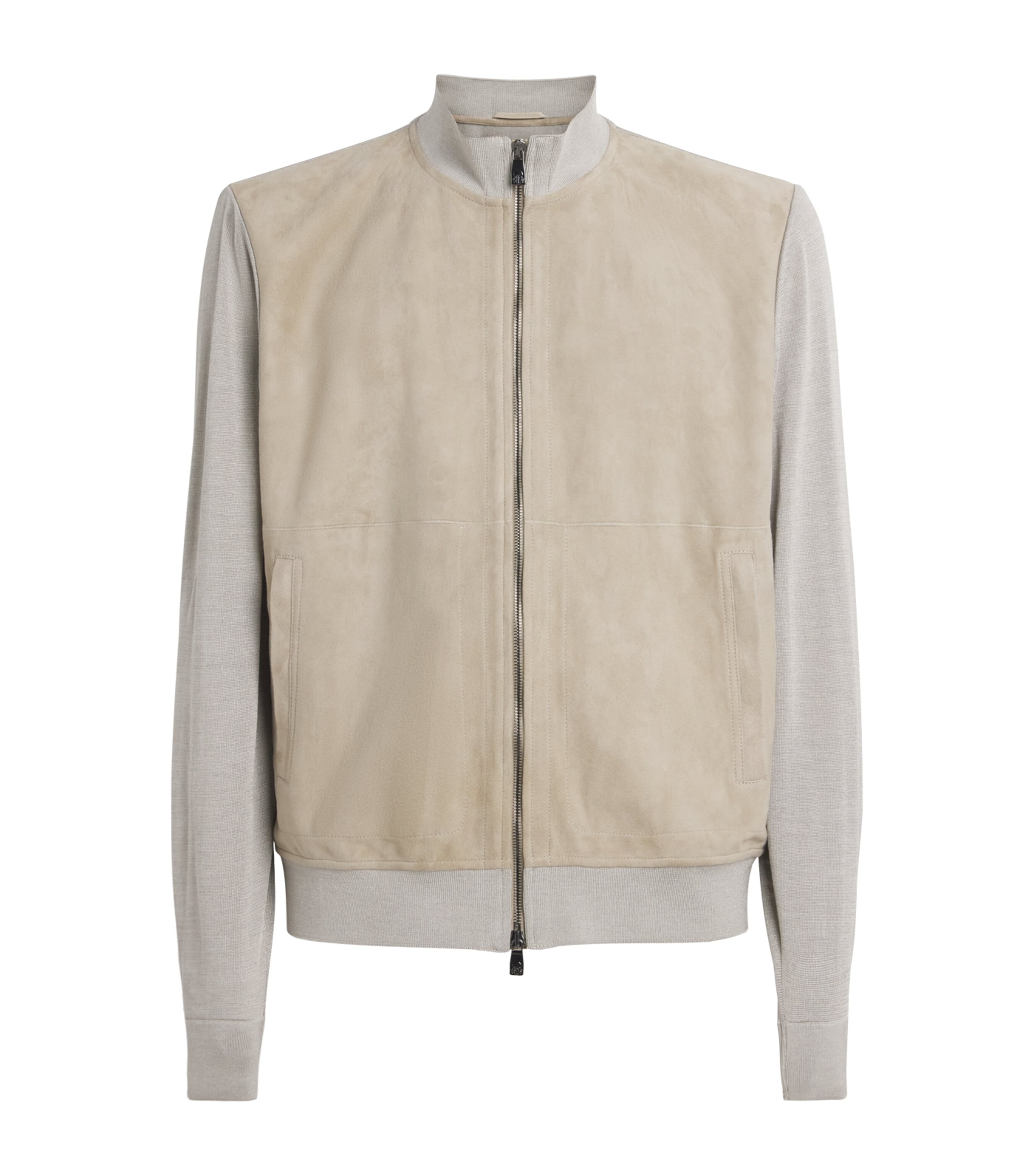 Stretch-Silk Suede-Front Bomber Jacket 027 GREY PIECETAUPE Image 1