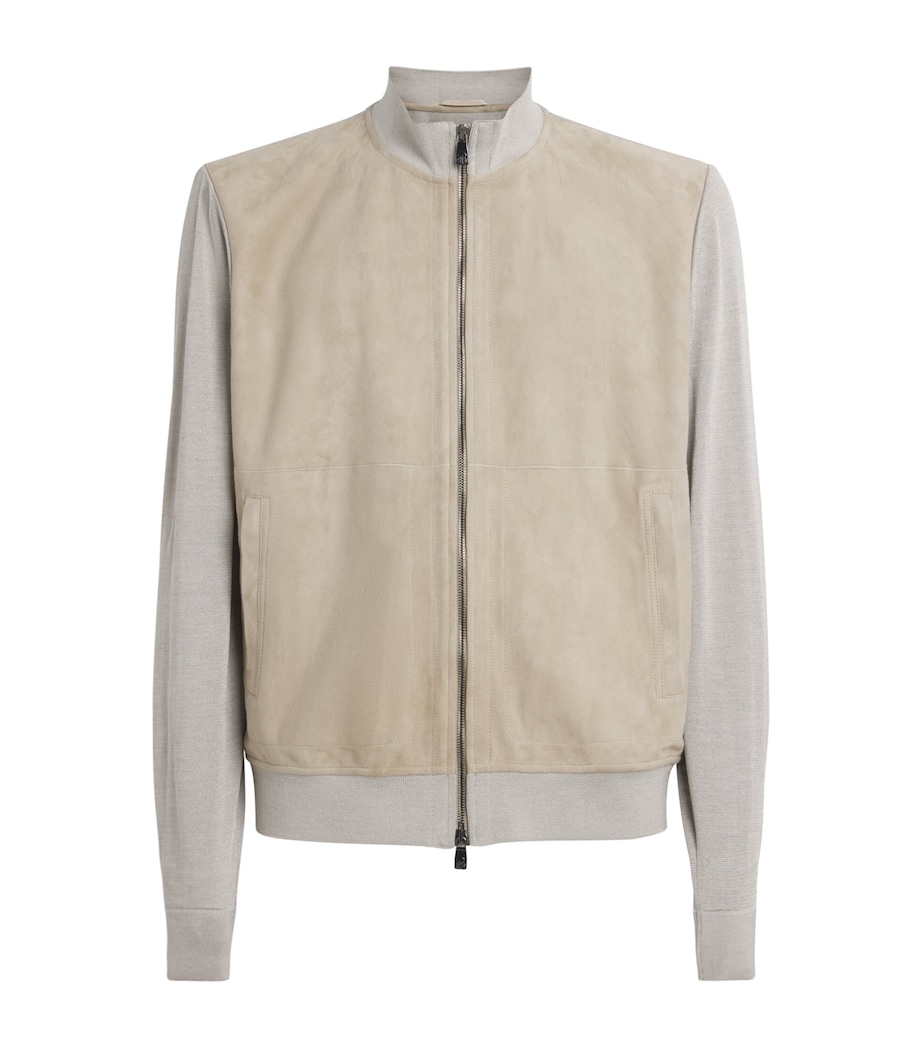 Stretch-Silk Suede-Front Bomber Jacket 027 GREY PIECETAUPE Image 1