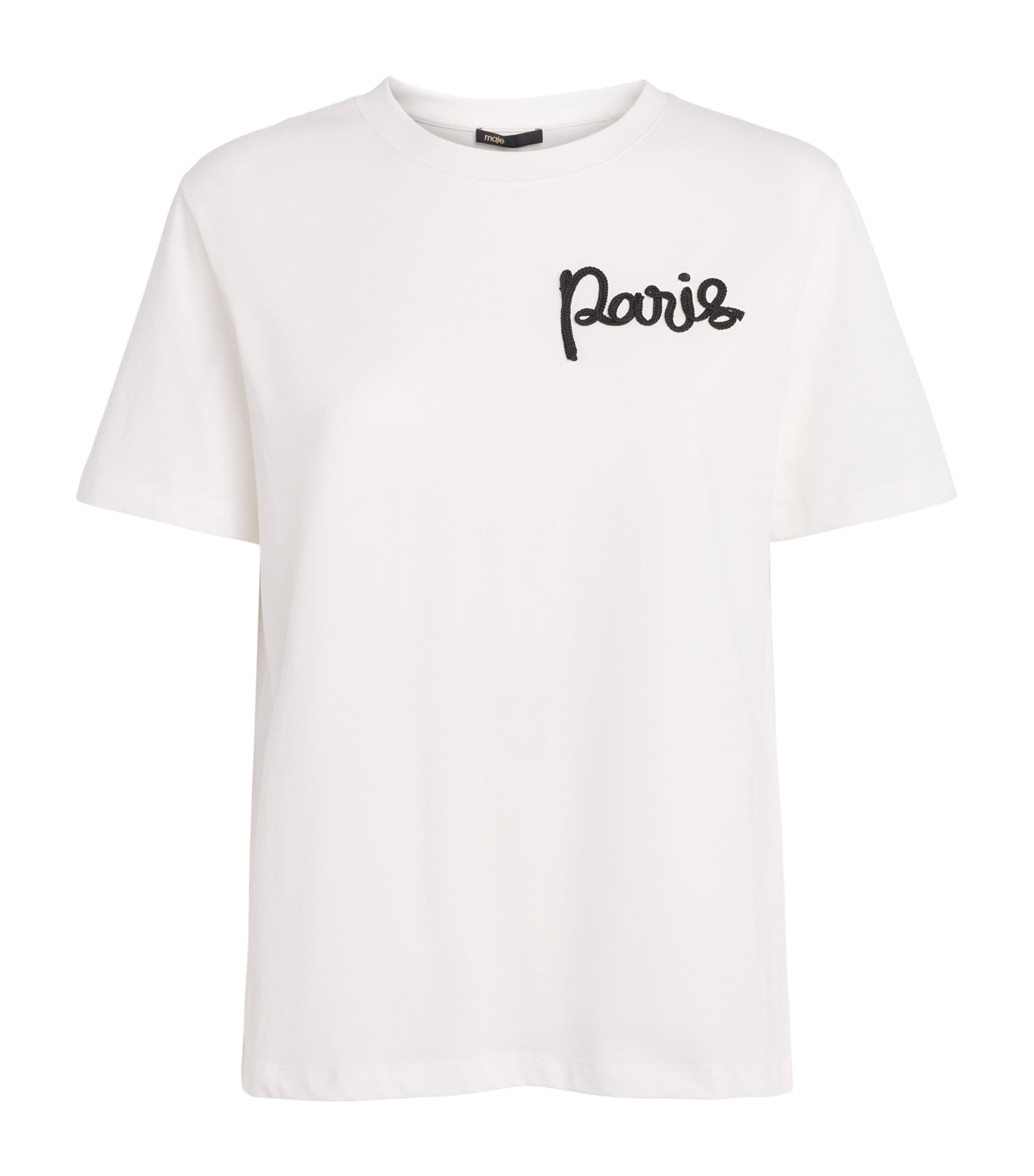 Maje Womens Cotton Paris Embroidered T-Shirt White Image 1
