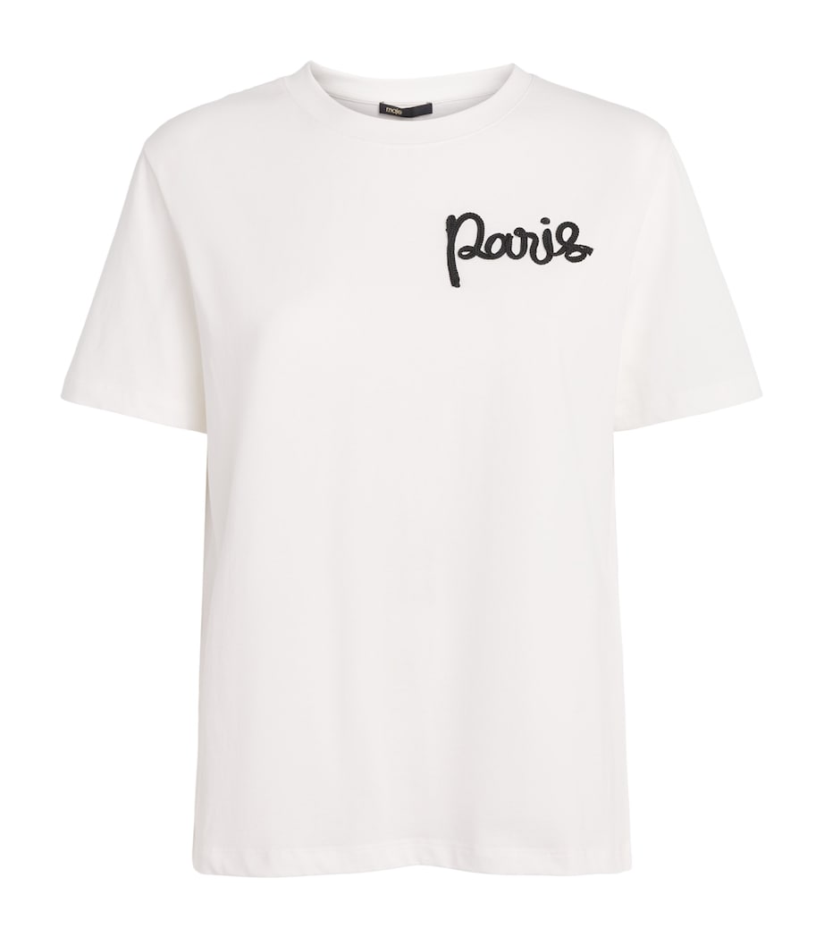 Maje Womens Cotton Paris Embroidered T-Shirt White Image 1