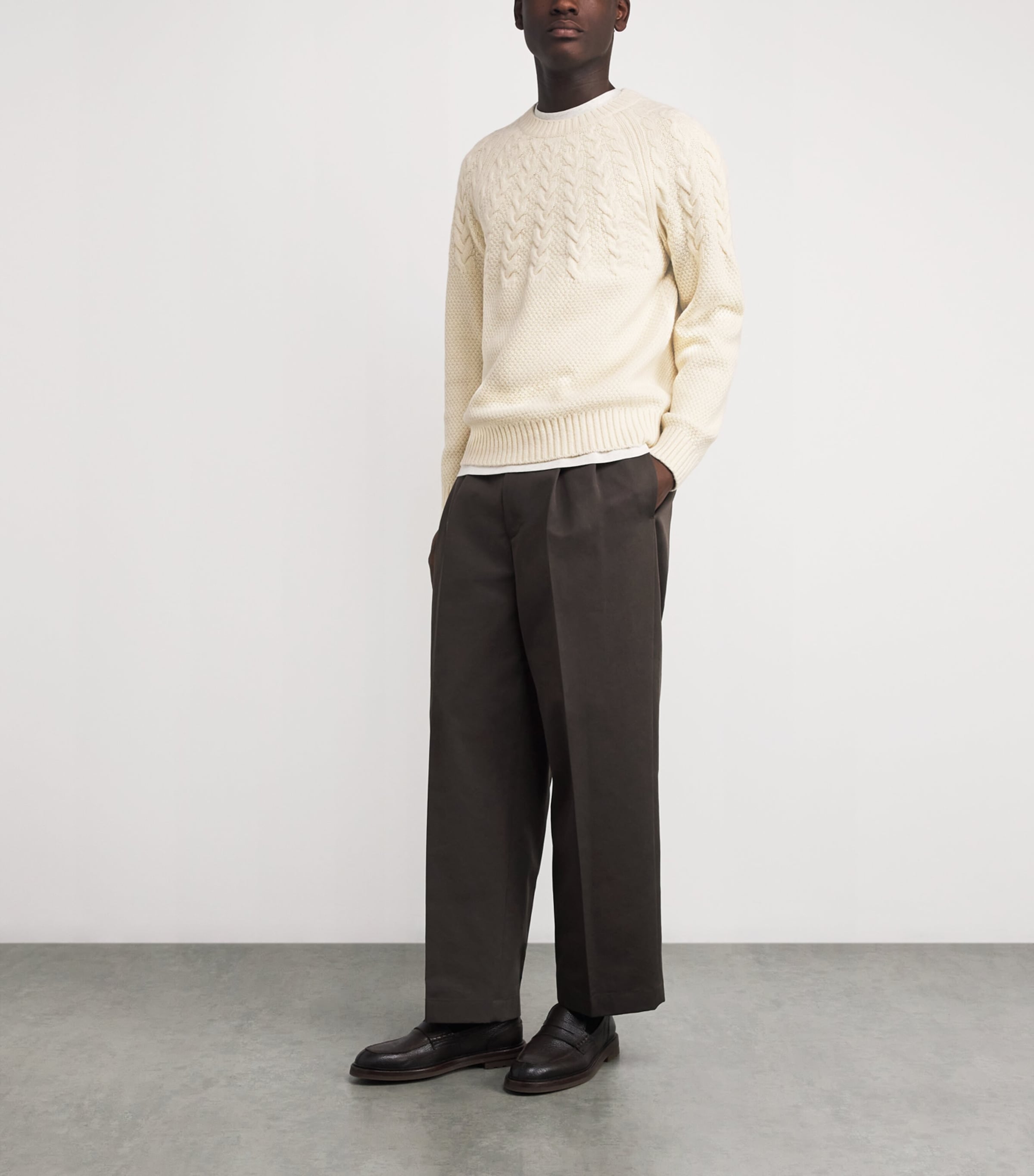 Merino Wool Cable-Knit Yoke Sweater 250LDN LT DUNE Image 2