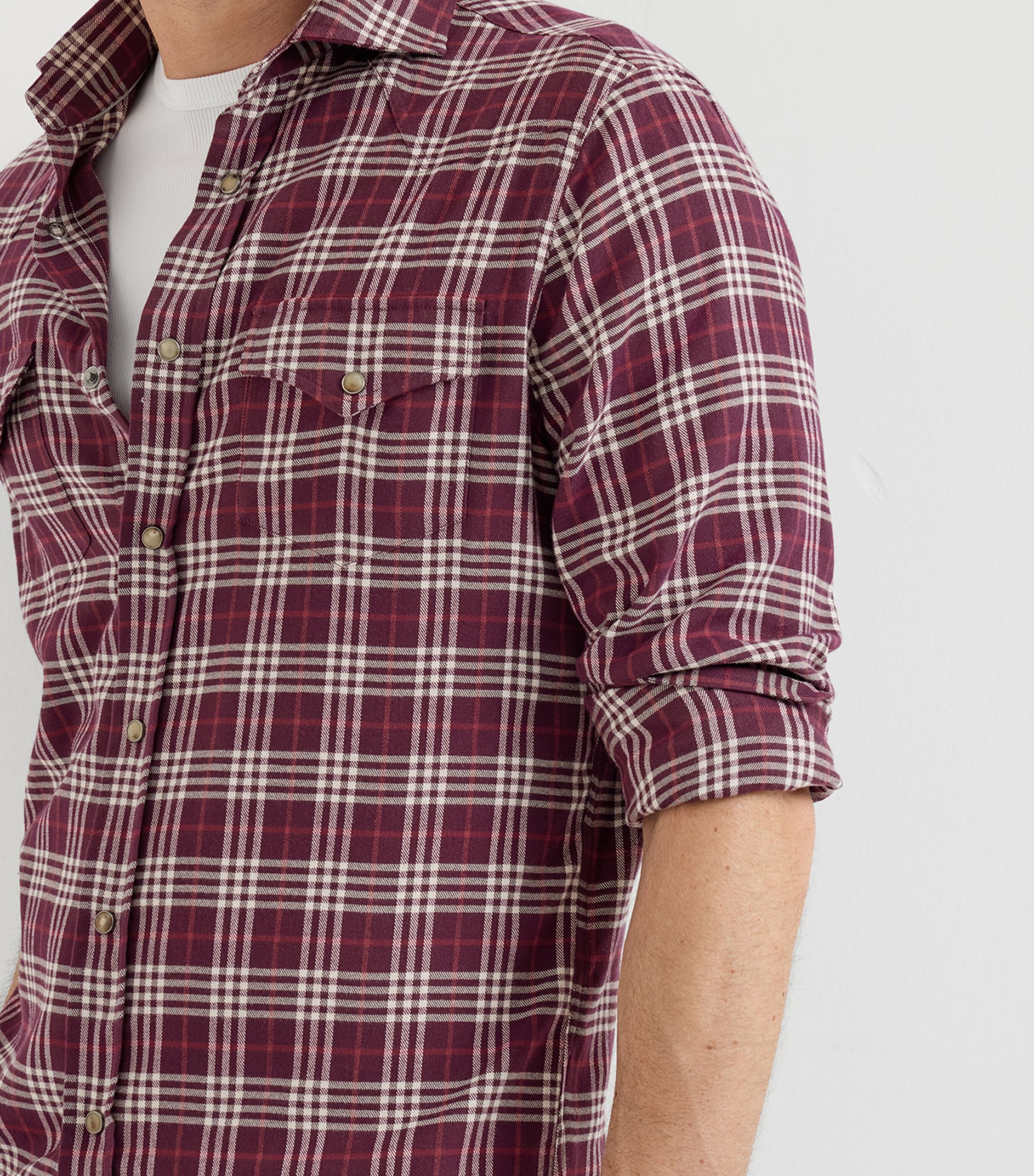 Brunello Cucinelli Mens Flannel Check Western Shirt Prugna Image 6