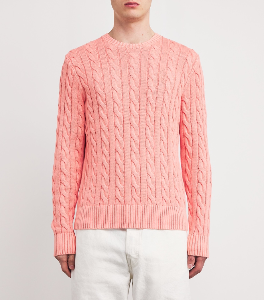 Cotton Cable-Knit Polo Pony Sweater PINK Image 3