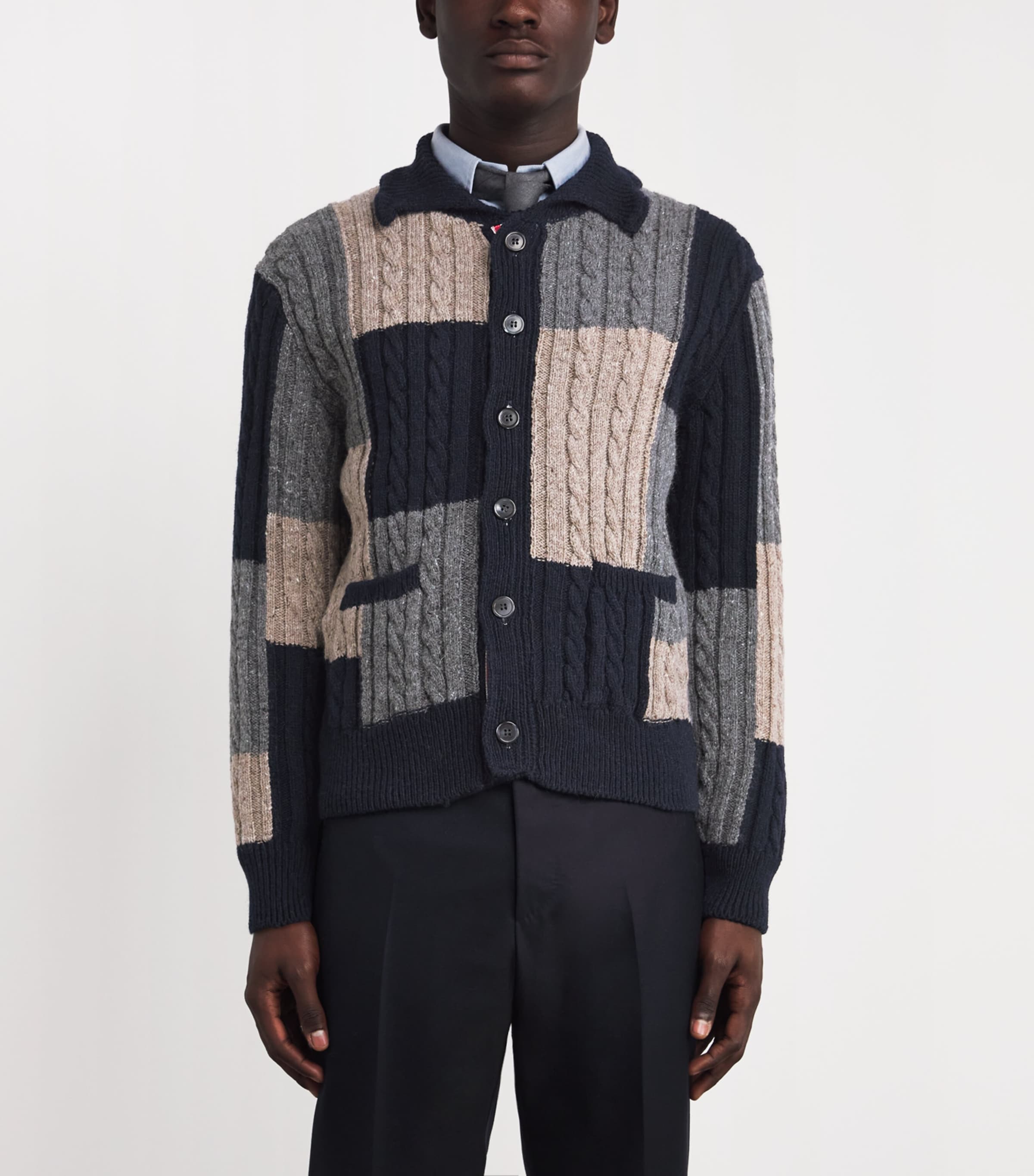 Wool-Mohair Patchwork Cardigan NAVY/GREY/BROWN Image 3