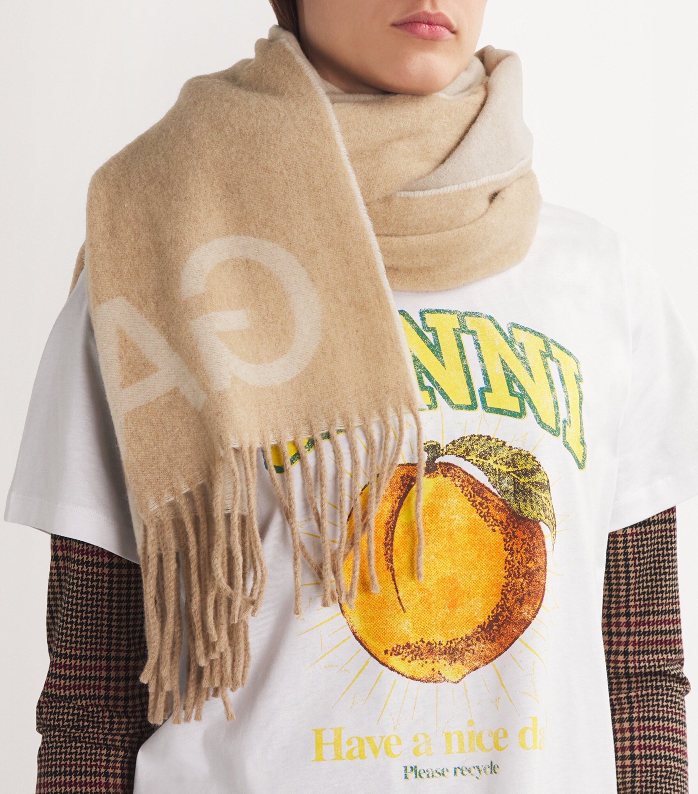 GANNI Neutral Wool Fringed Scarf | Harrods JP