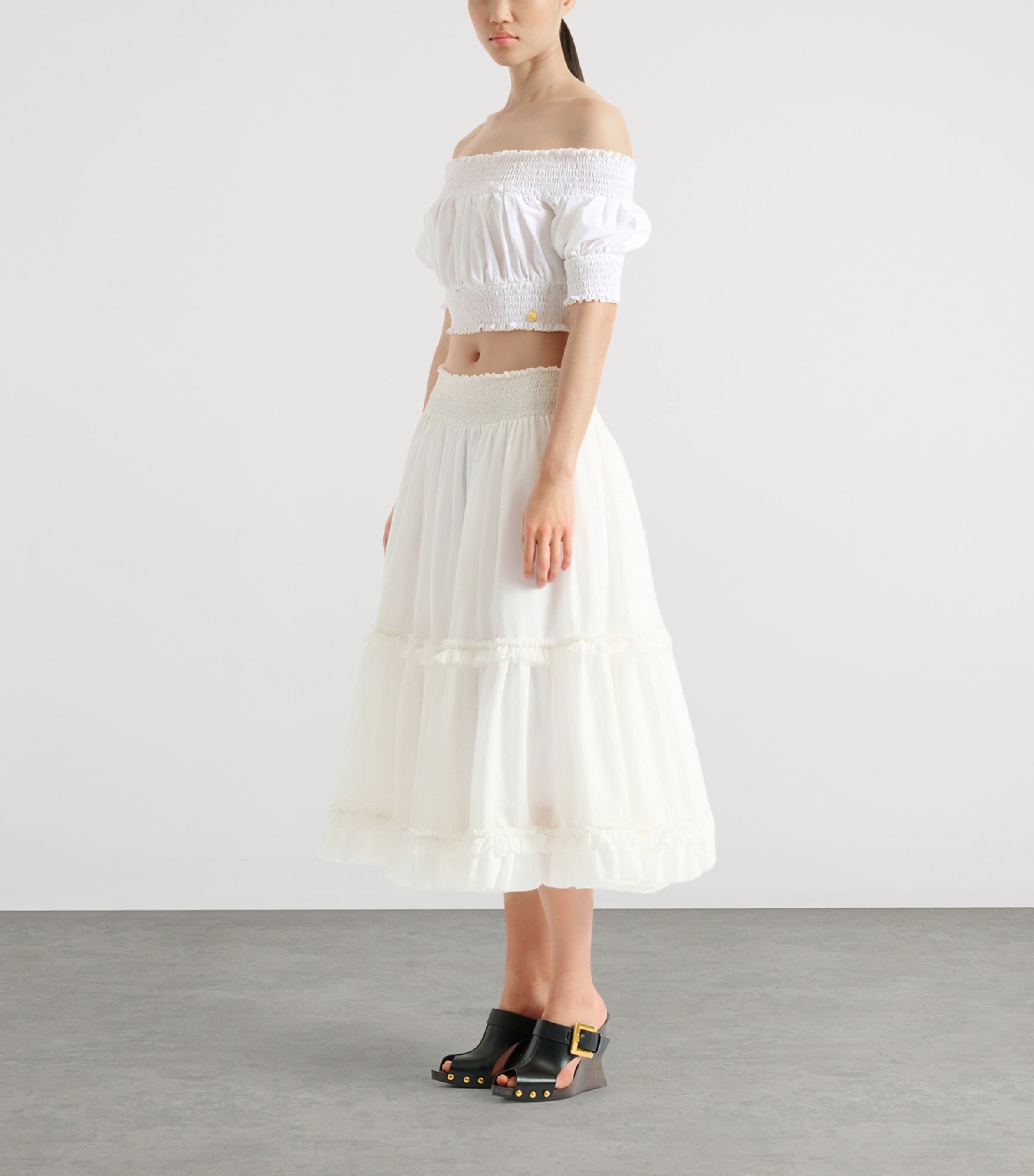 Balmain Womens Poplin Gathered Flared Skirt Blanc Image 2