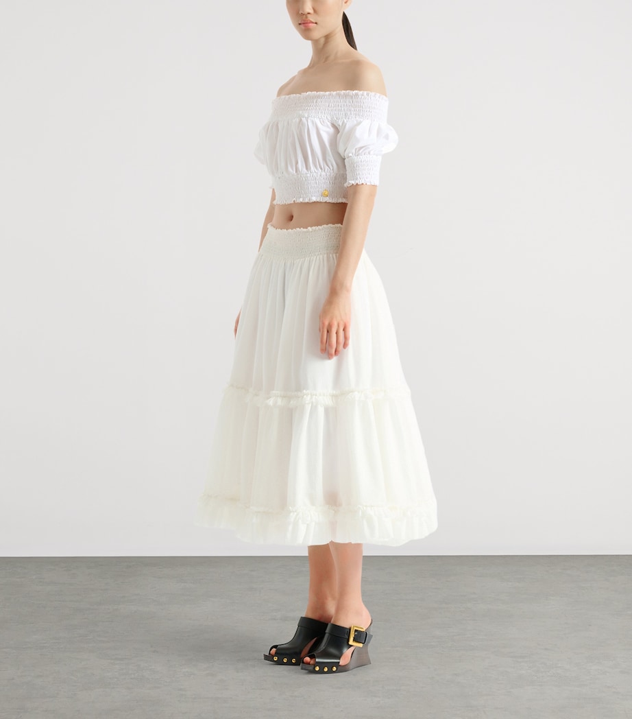 Balmain Womens Poplin Gathered Flared Skirt Blanc Image 2