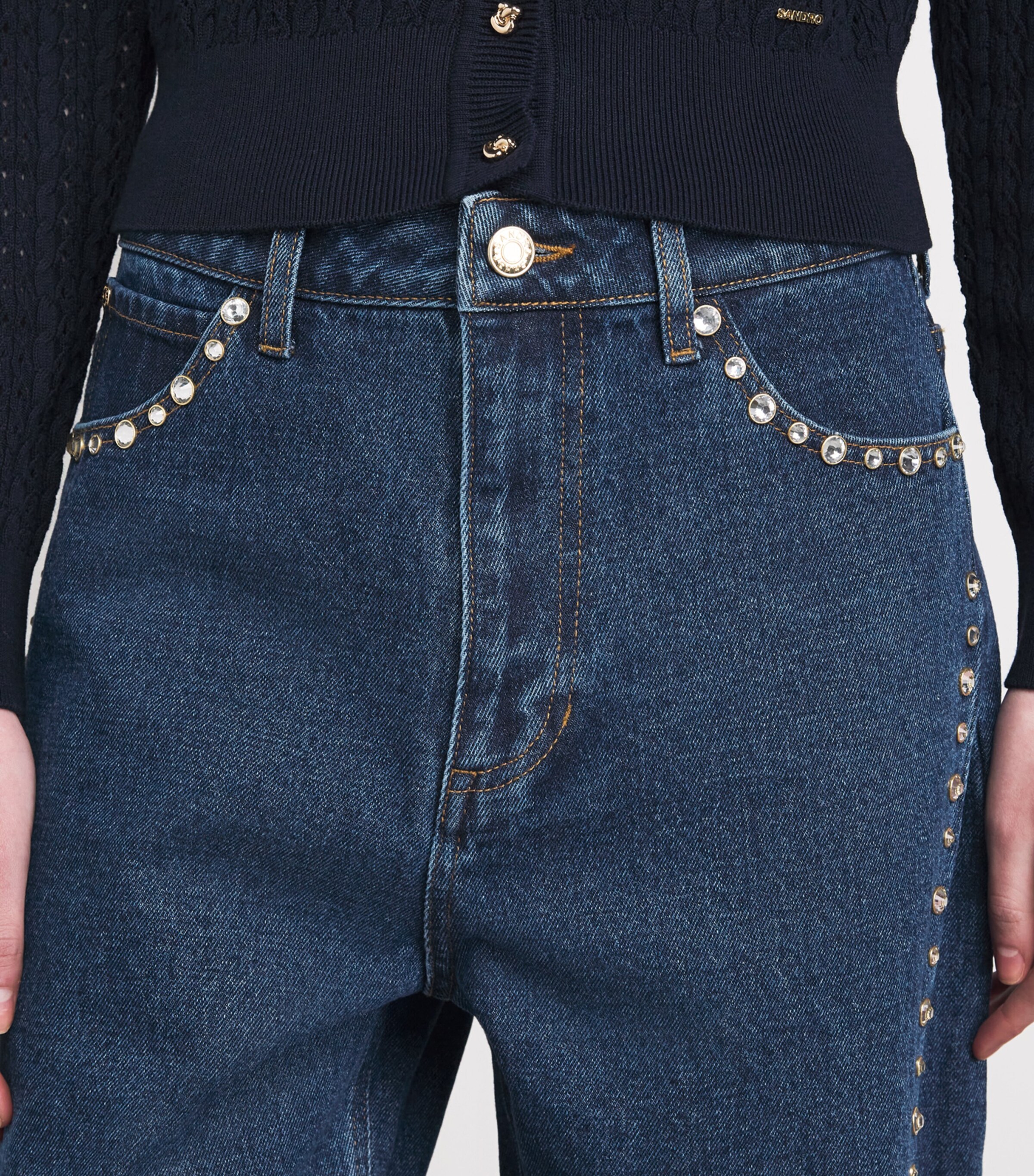 Sandro Paris Womens Embellished Barrel Jeans Blue Jean Image 3