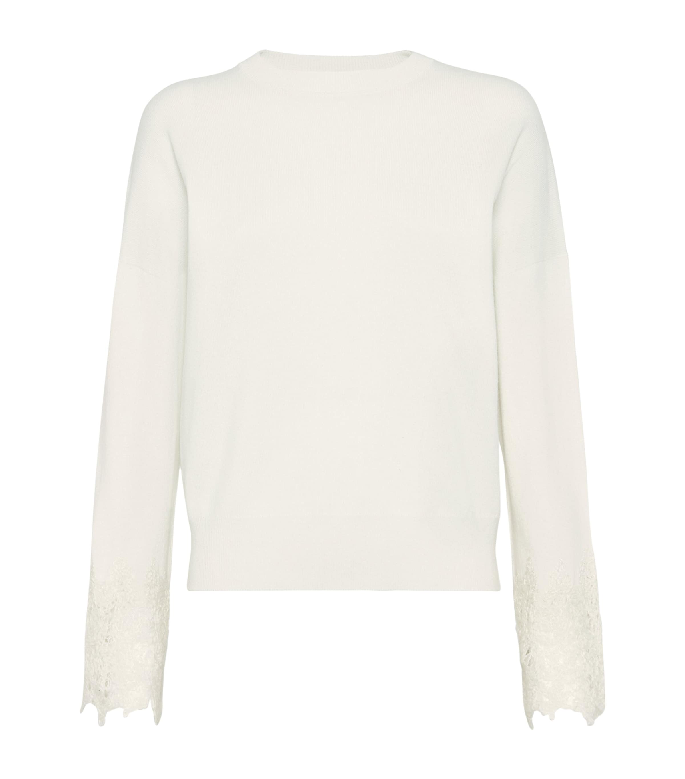 Brunello Cucinelli Cashmere Wispy Lace-cuff Sweater In White