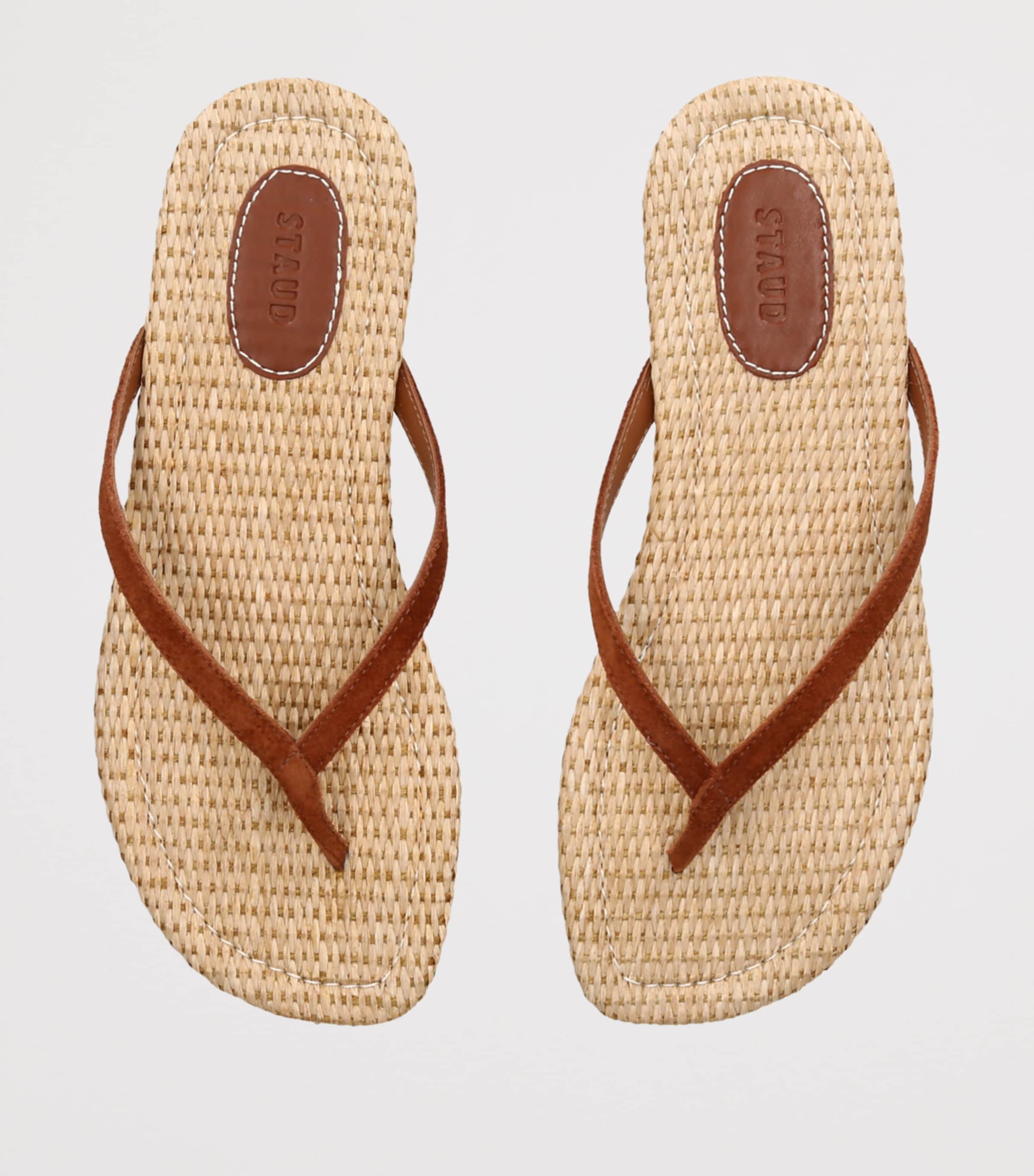STAUD Suede-Raffia Freja Thong Flip Flops Tan Comb Image 4