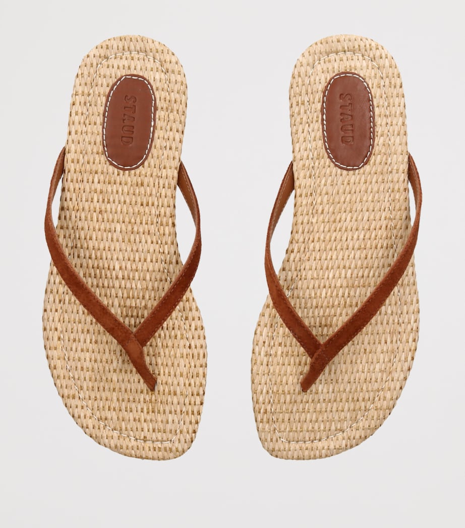 STAUD Suede-Raffia Freja Thong Flip Flops Tan Comb Image 4