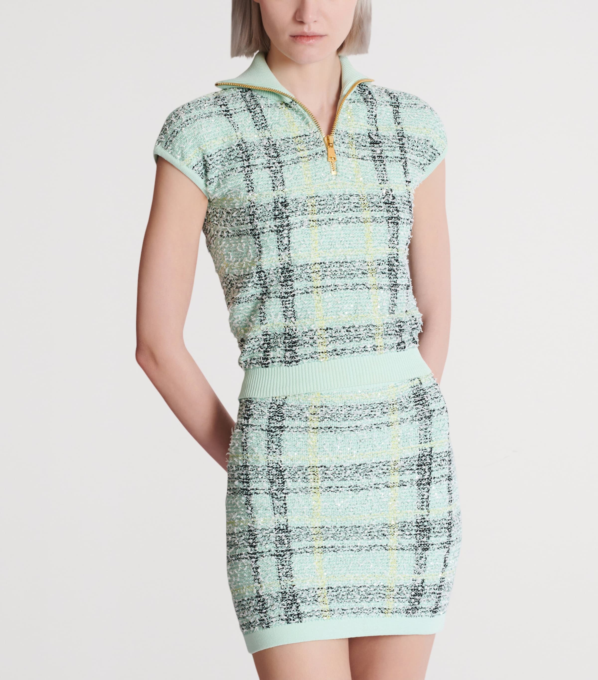 Tweed Embellished Plaid Top ULM VERT/JAUNE/NOIR Image 5