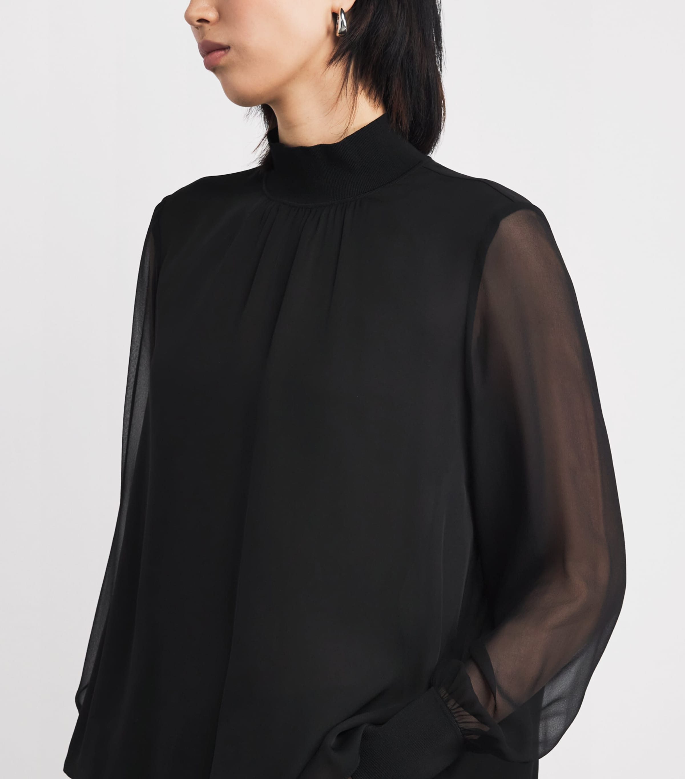 Silk Sheer-Sleeve Blouse BLACK Image 6
