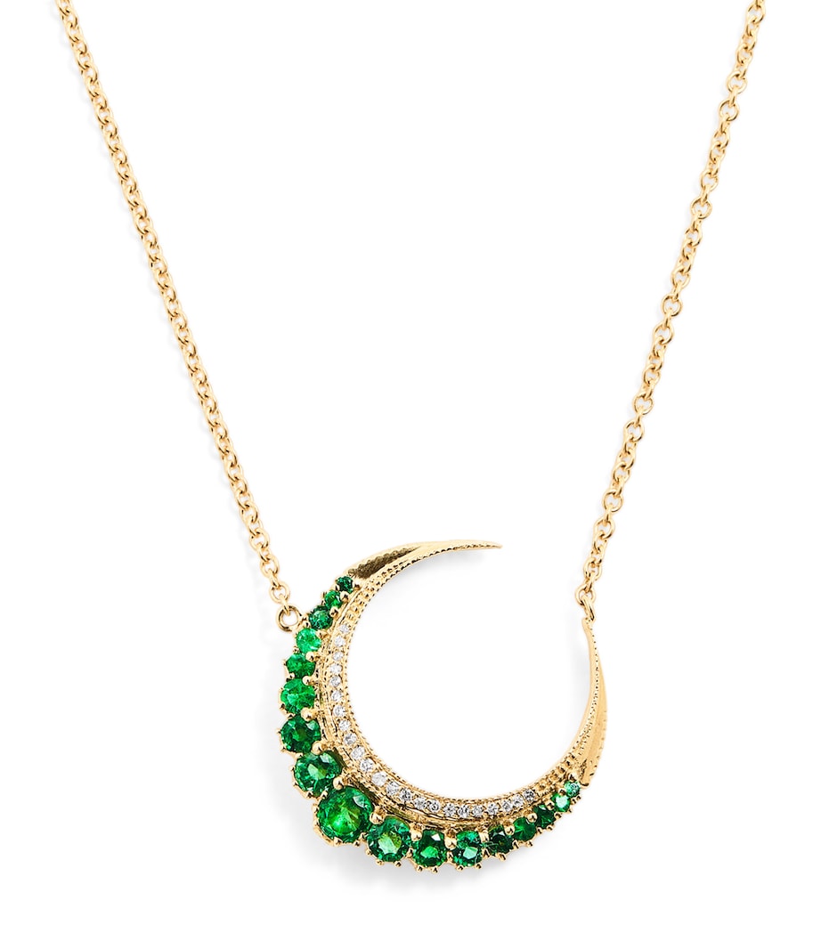Small Yellow Gold, Diamond and Emerald Crescent Moon Necklace YELLOW GOLD Image 1