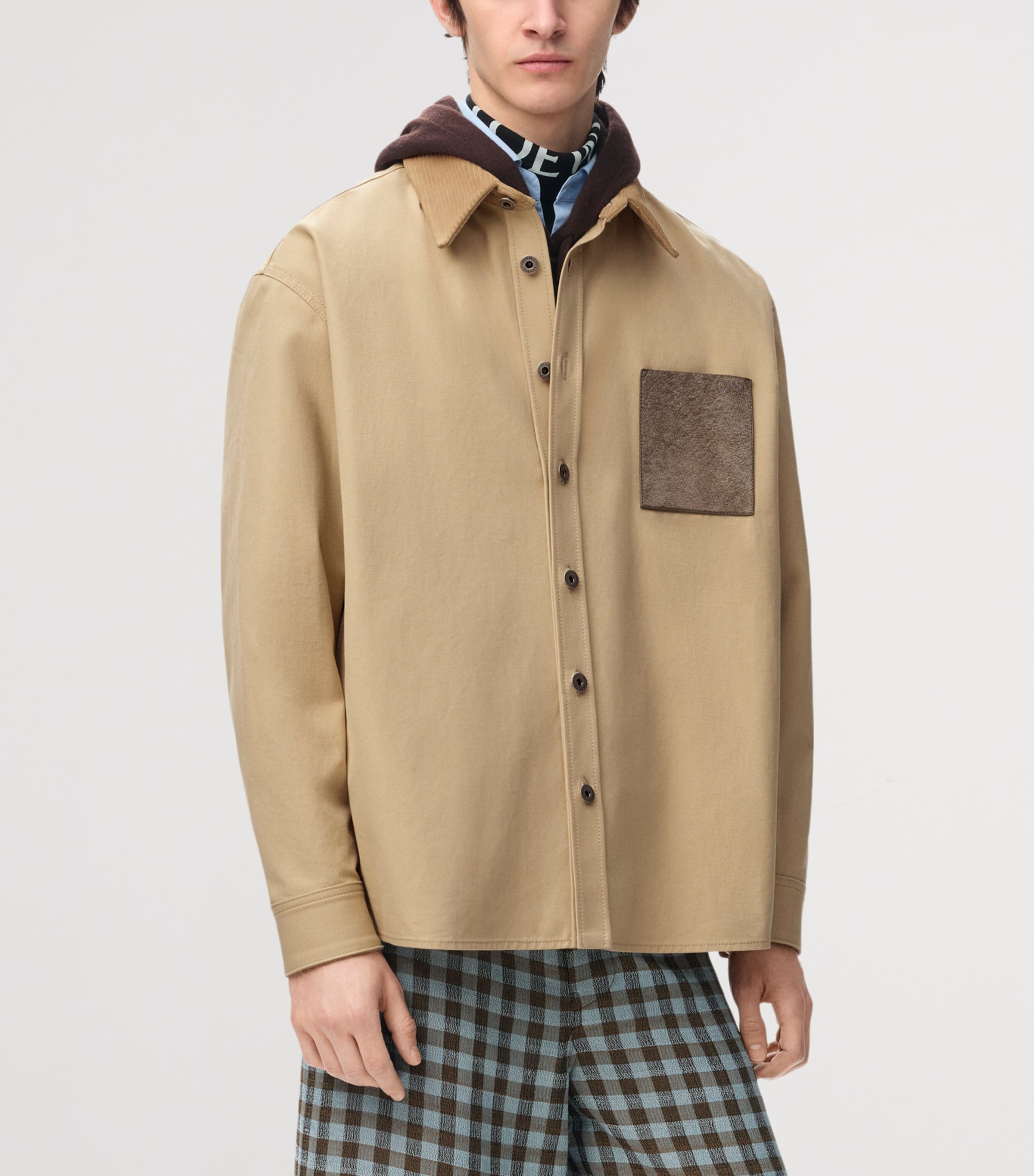 LOEWE Mens Leather-Trim Overshirt Beige Image 3