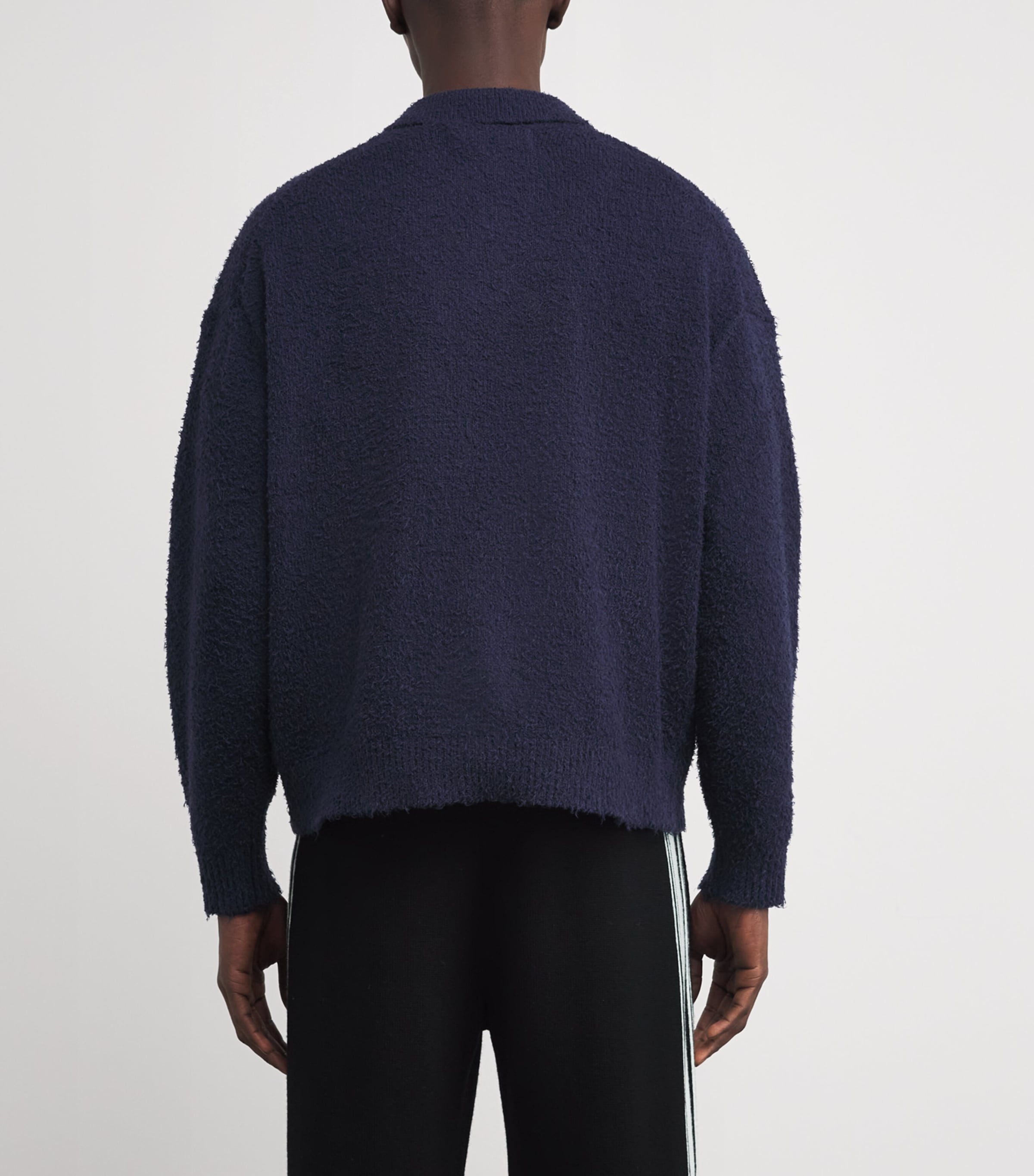 Cotton-Blend Shaggy Yarn Polo Sweater NAVY Image 4