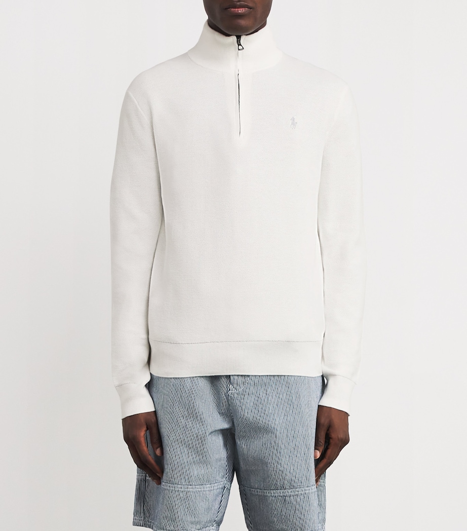 Mesh Cotton Quarter-Zip Sweater WHITE Image 3