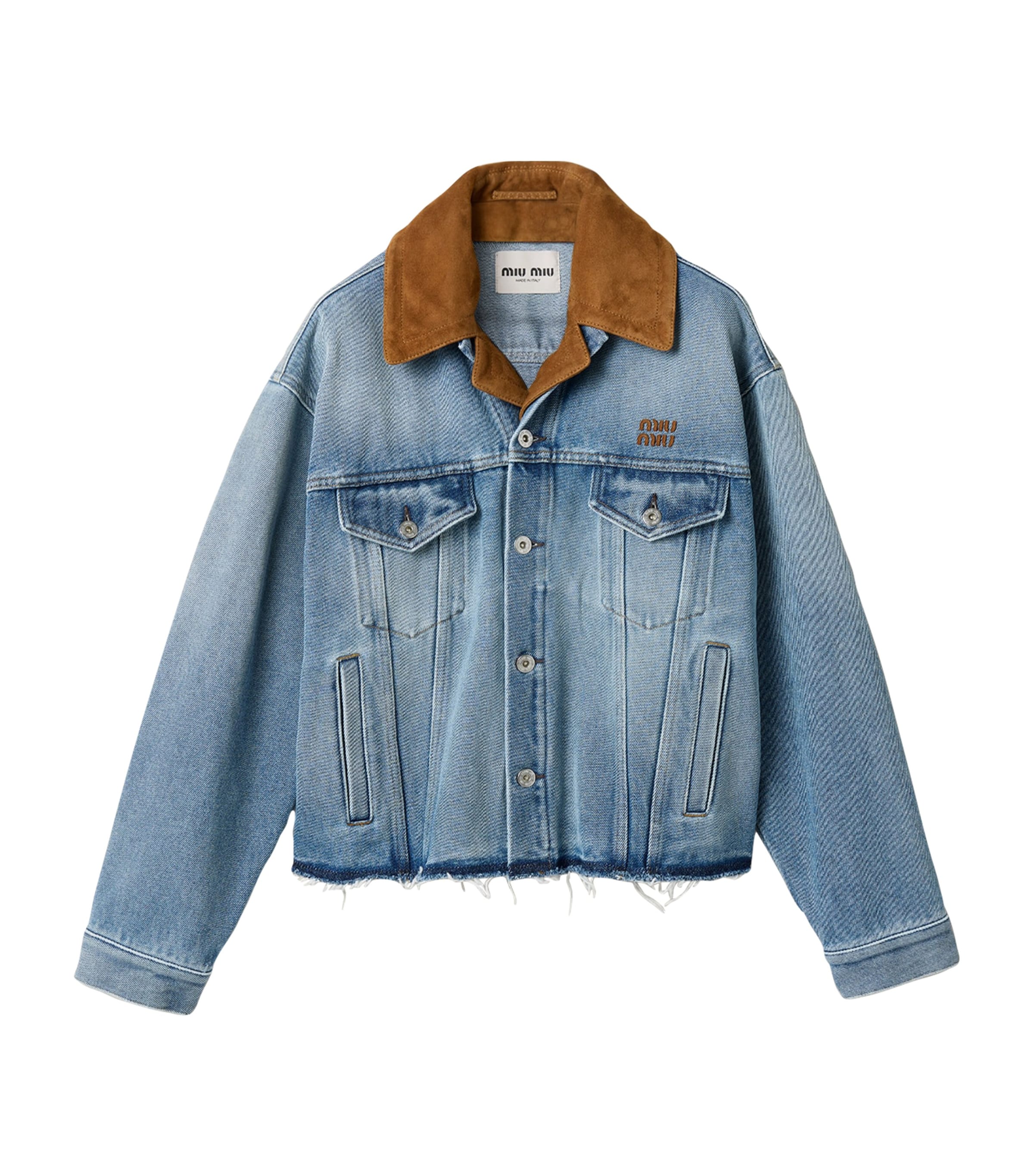 Miu Miu Womens Denim and Suede Jacket Light Blue Image 1