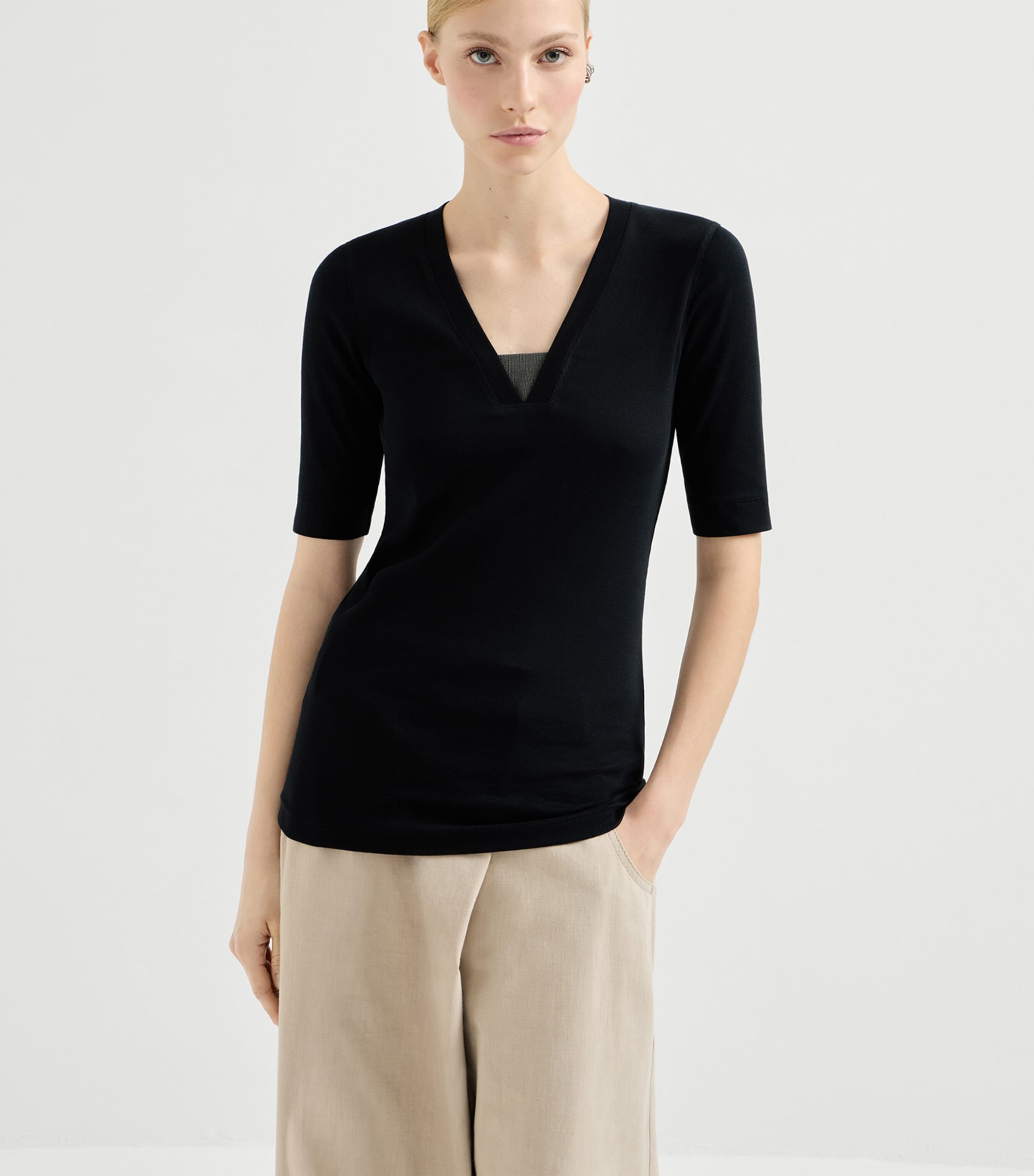 Brunello Cucinelli Womens Stretch-Cotton Monili-Detail T-Shirt Image 3