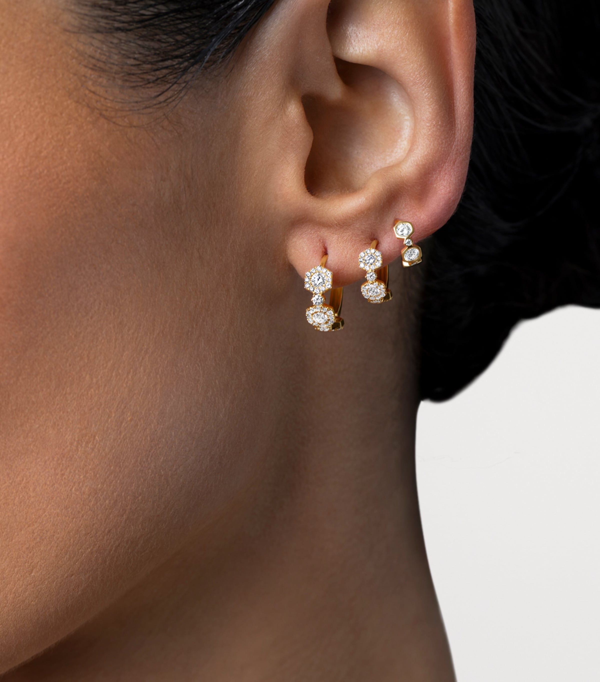 David Morris Yellow Gold and Diamond Triolette Square Hoop Earrings Clear Image 2
