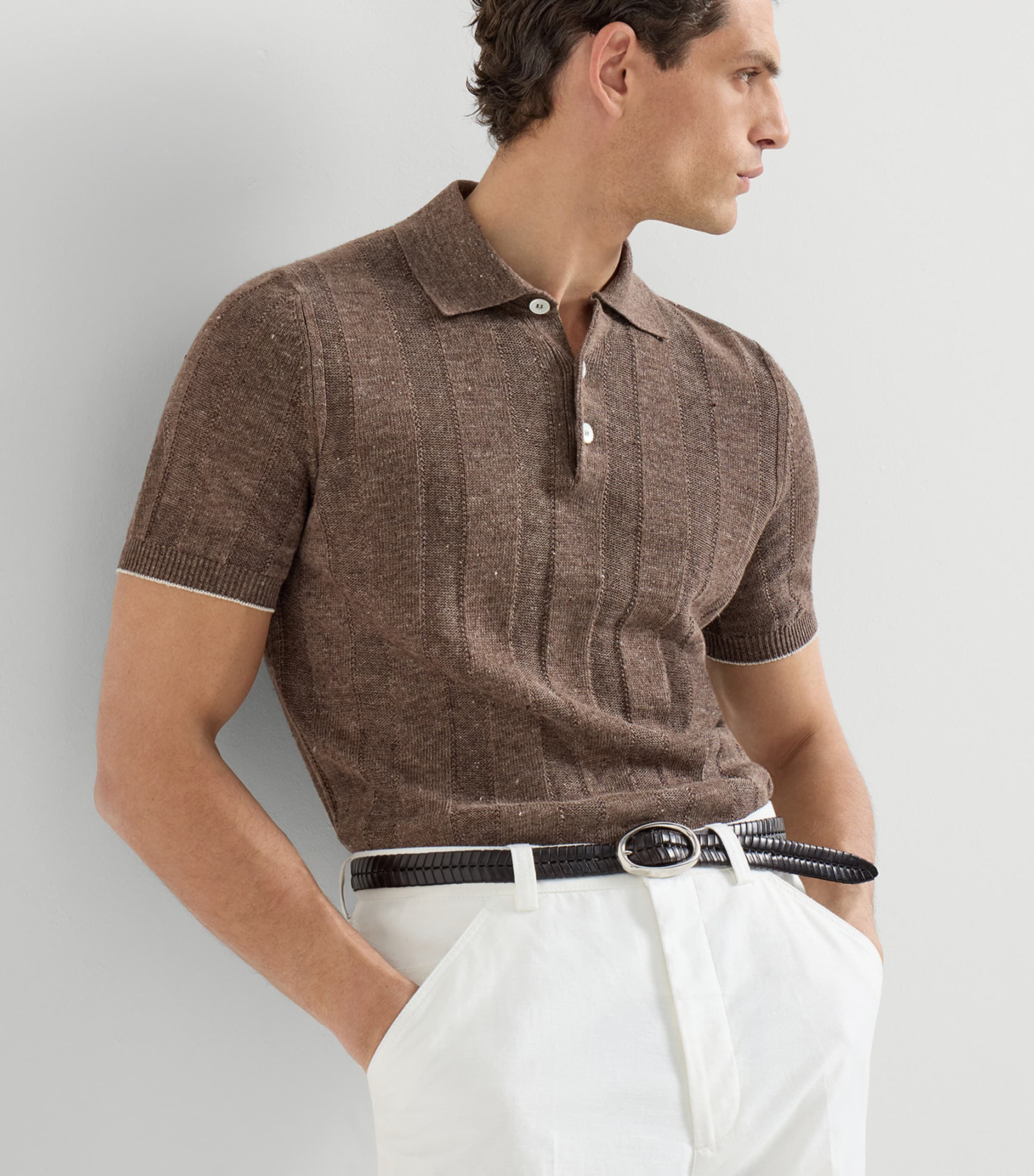 Brunello Cucinelli Mens Linen-Cotton Rib-Knit Polo Shirt Image 4