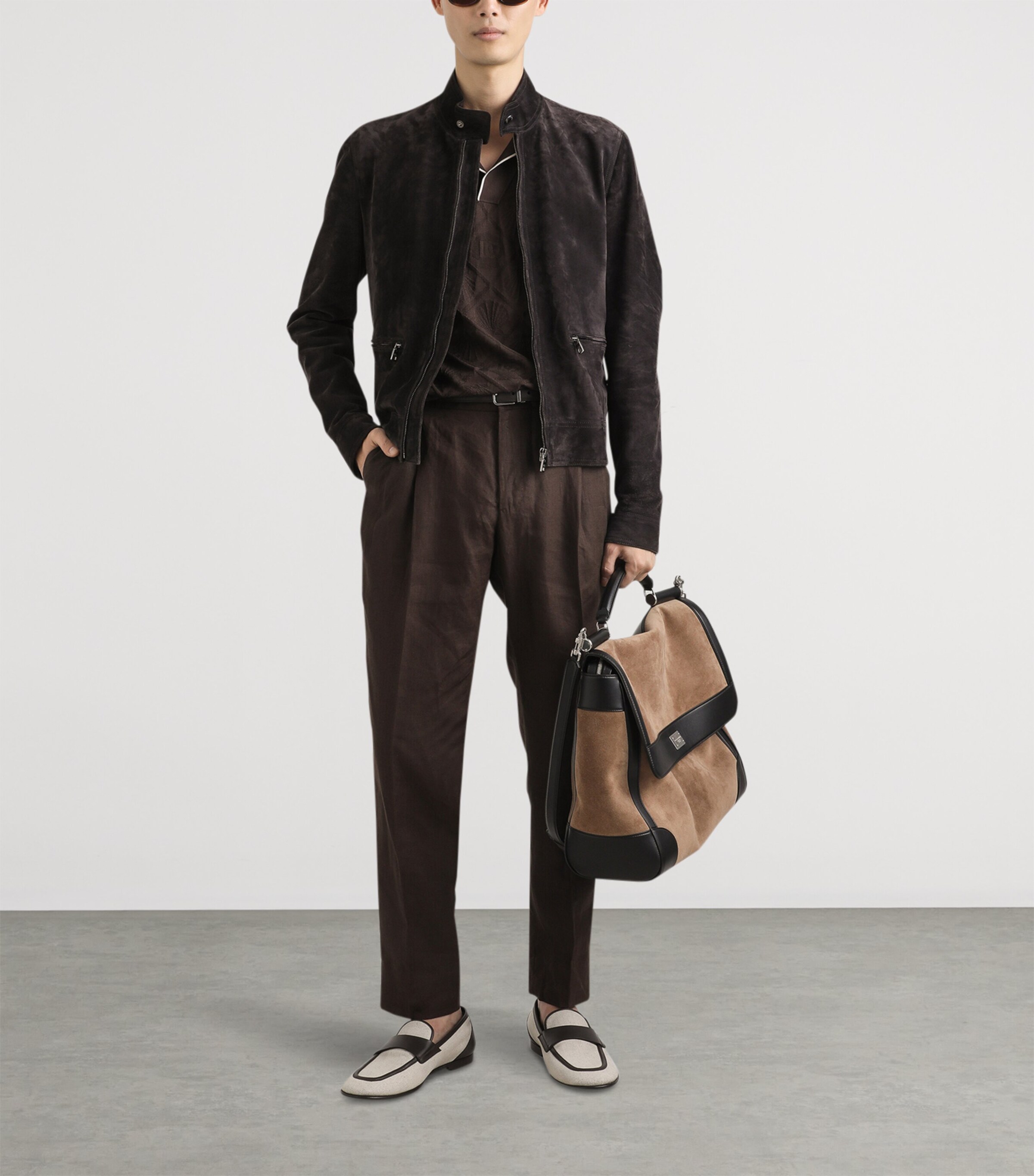 Dolce&Gabbana Mens Calfskin Suede Biker Jacket Deep Brown Image 2