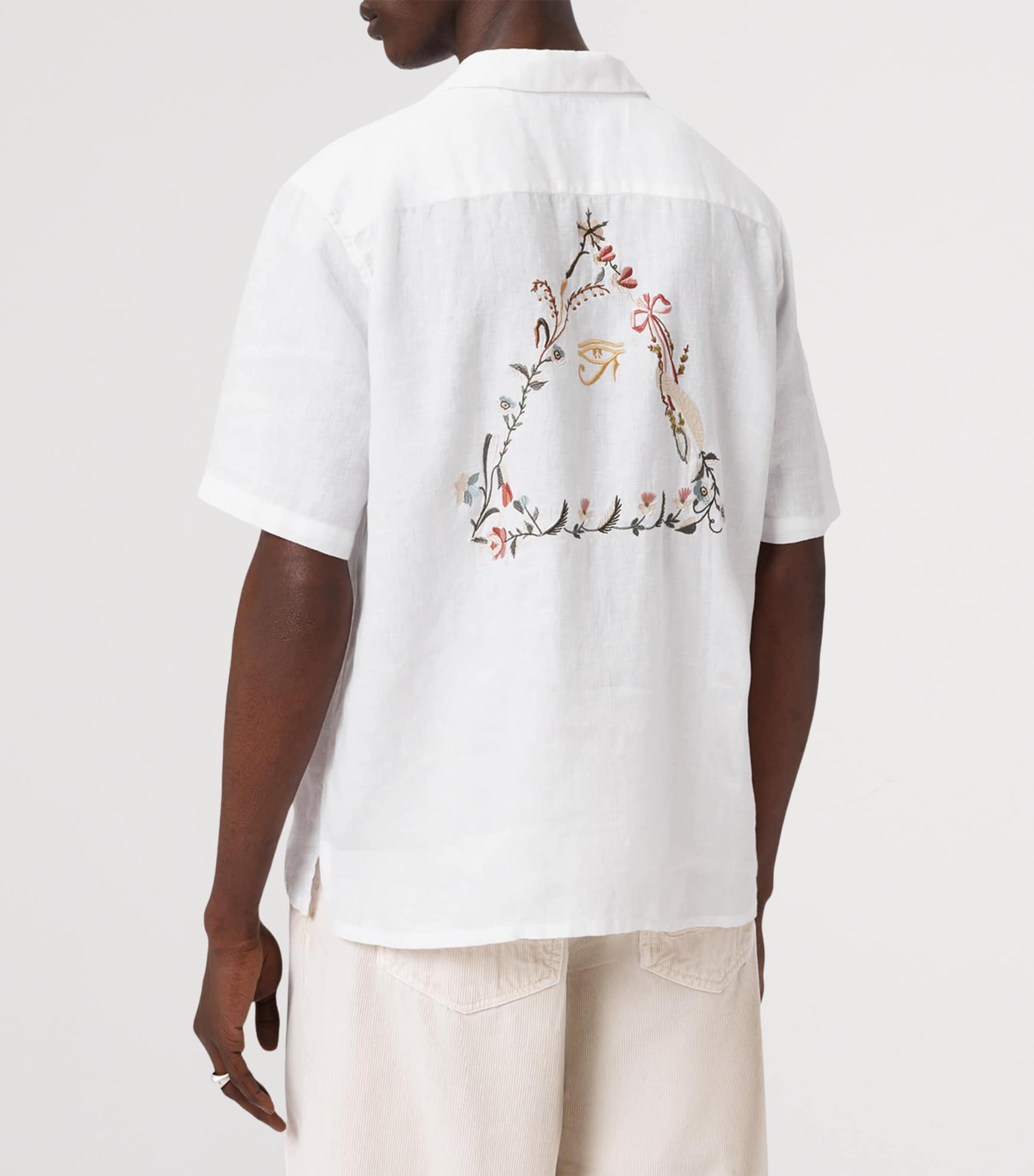 AllSaints Mens Linen Embroidered Tri Shirt Ecru Image 4
