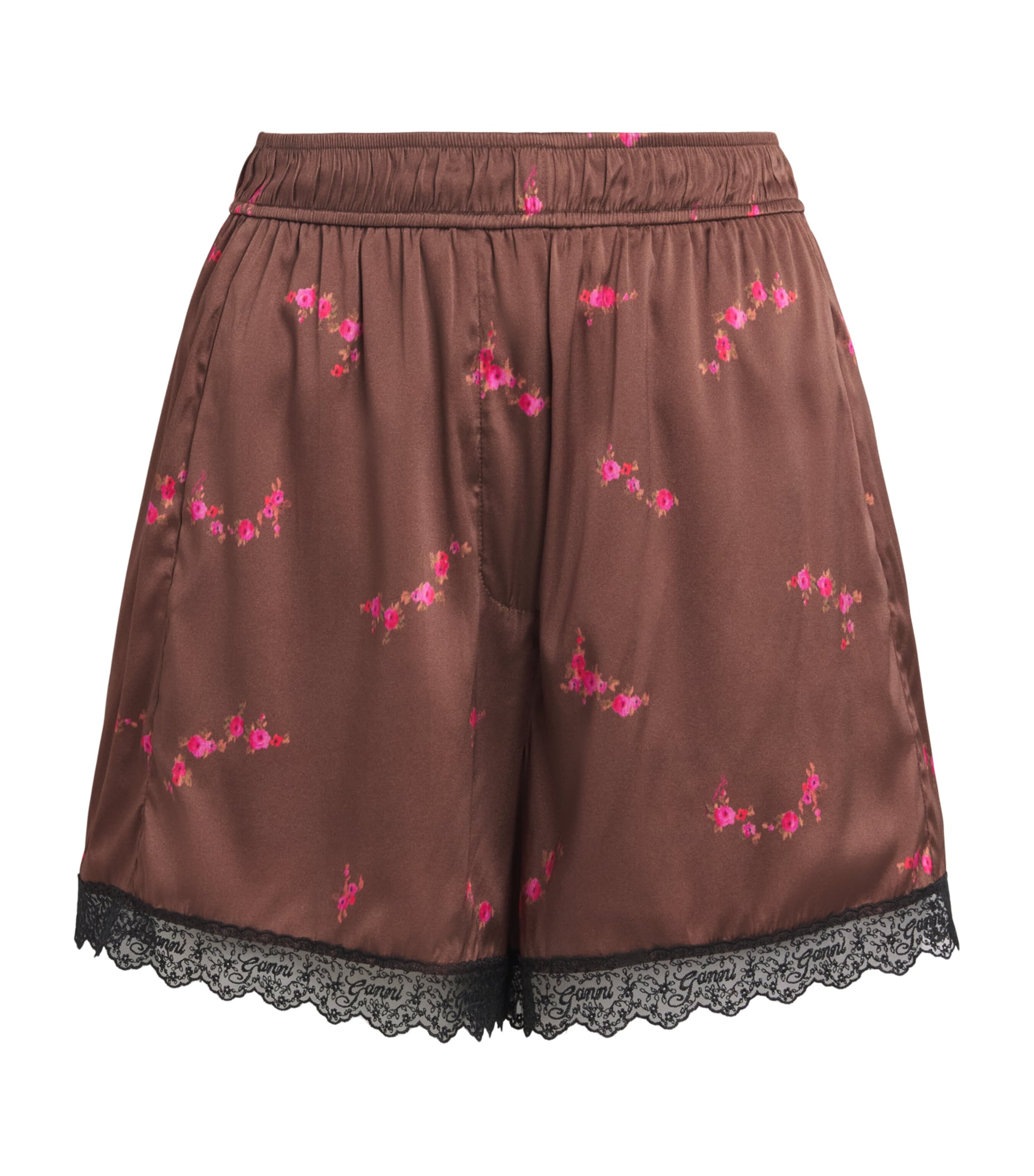 GANNI Womens Satin Floral Lace-Trimmed Shorts Tiramisu Image 1