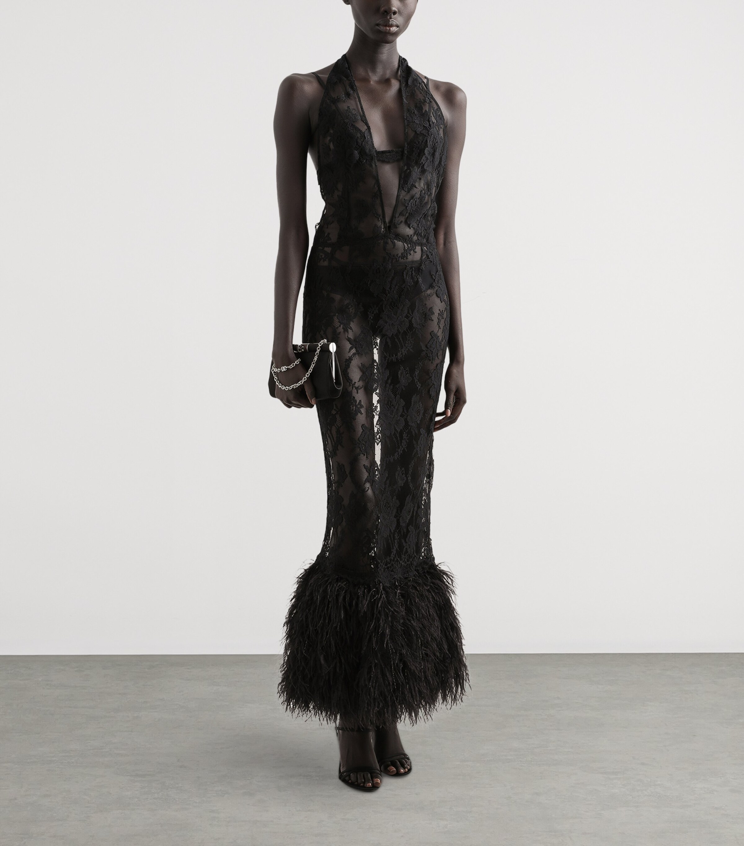 Cotton-Blend Lace Feather-Trim Maxi Dress N0000-BLACK Image 2