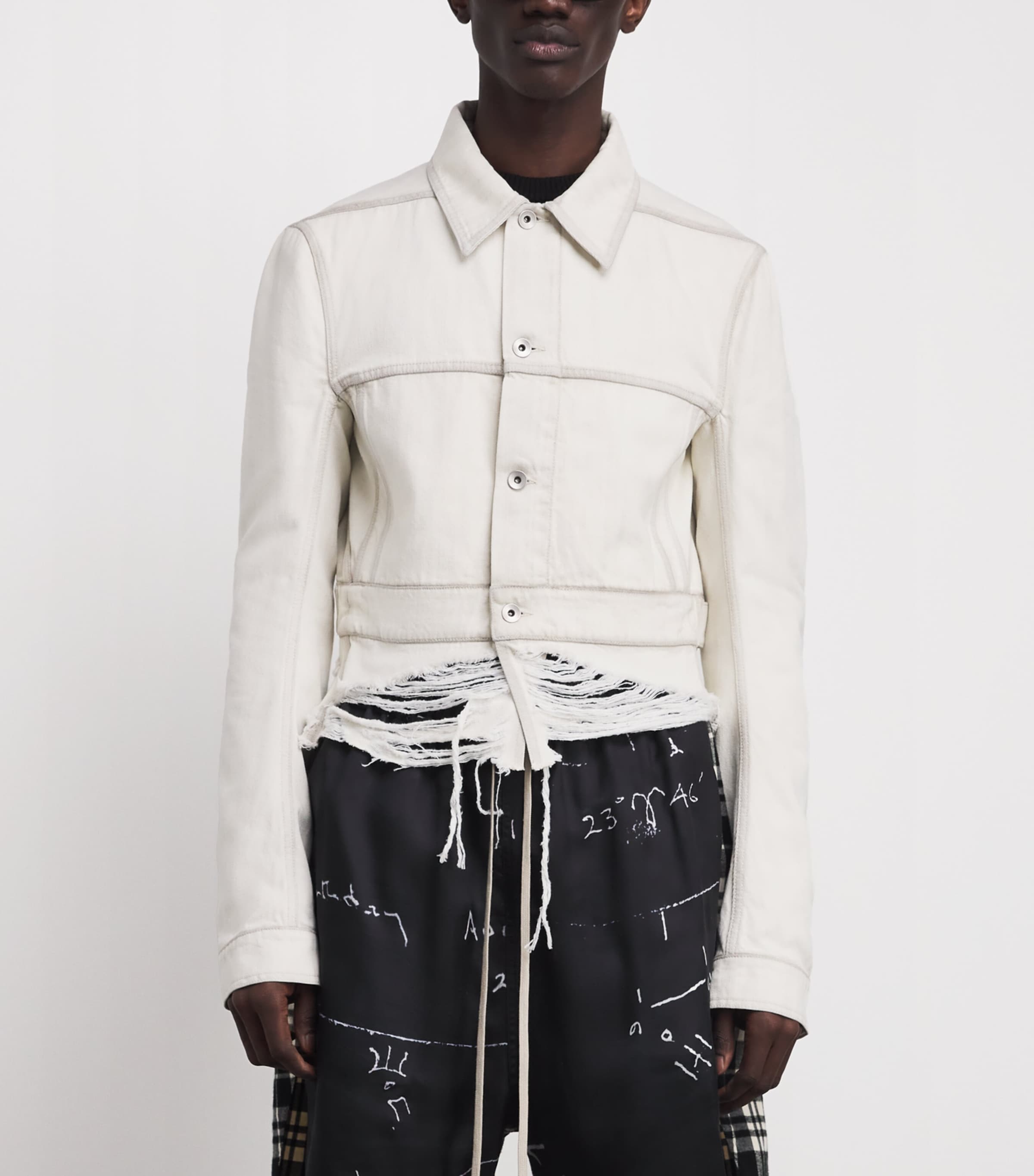 Rick Owens Mens Cropped Distressed Denim Jacket Milk Wash Image 4
