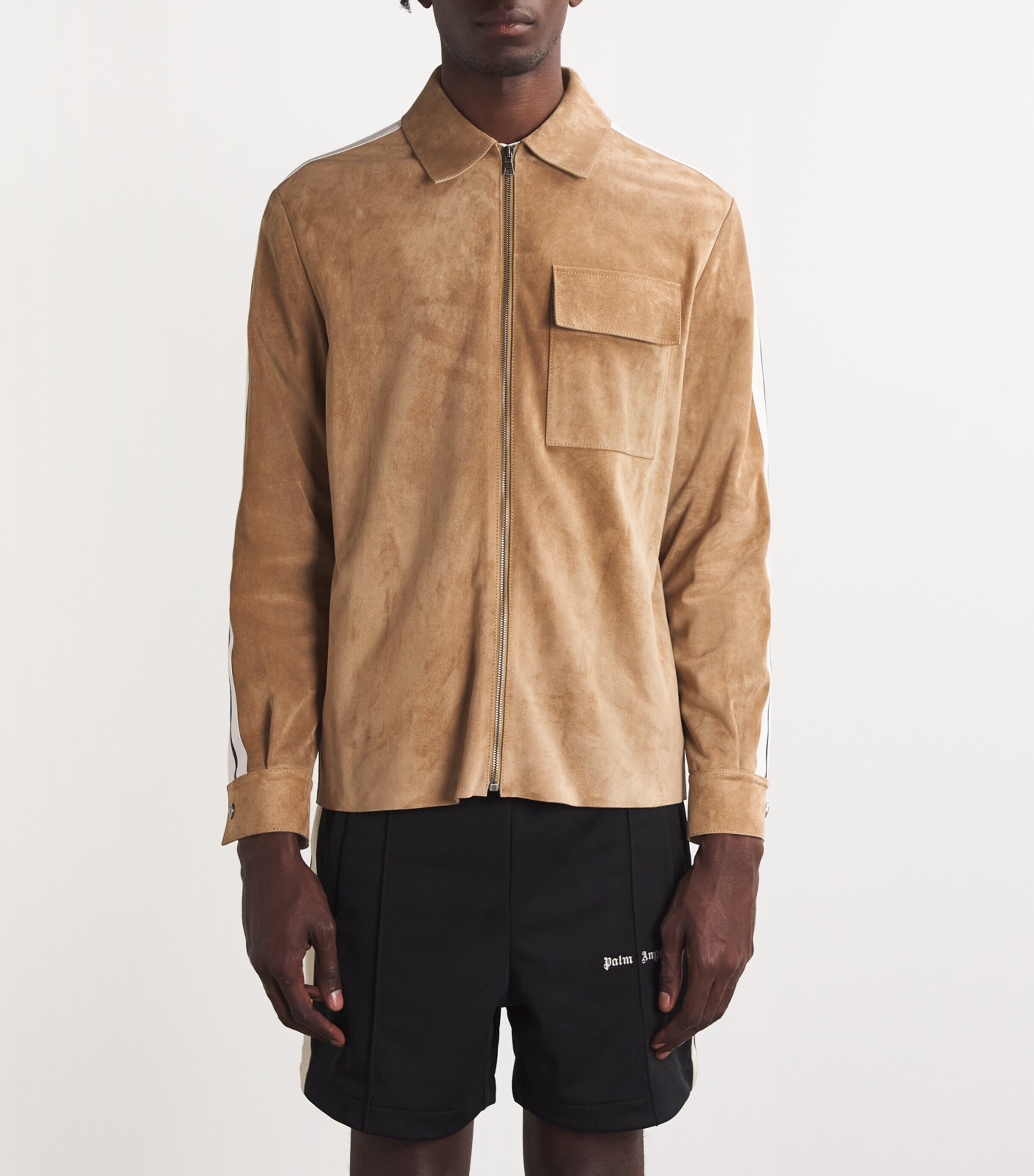 Palm Angels Mens Leather Track-Stripe Overshirt Beige Off White Image 3