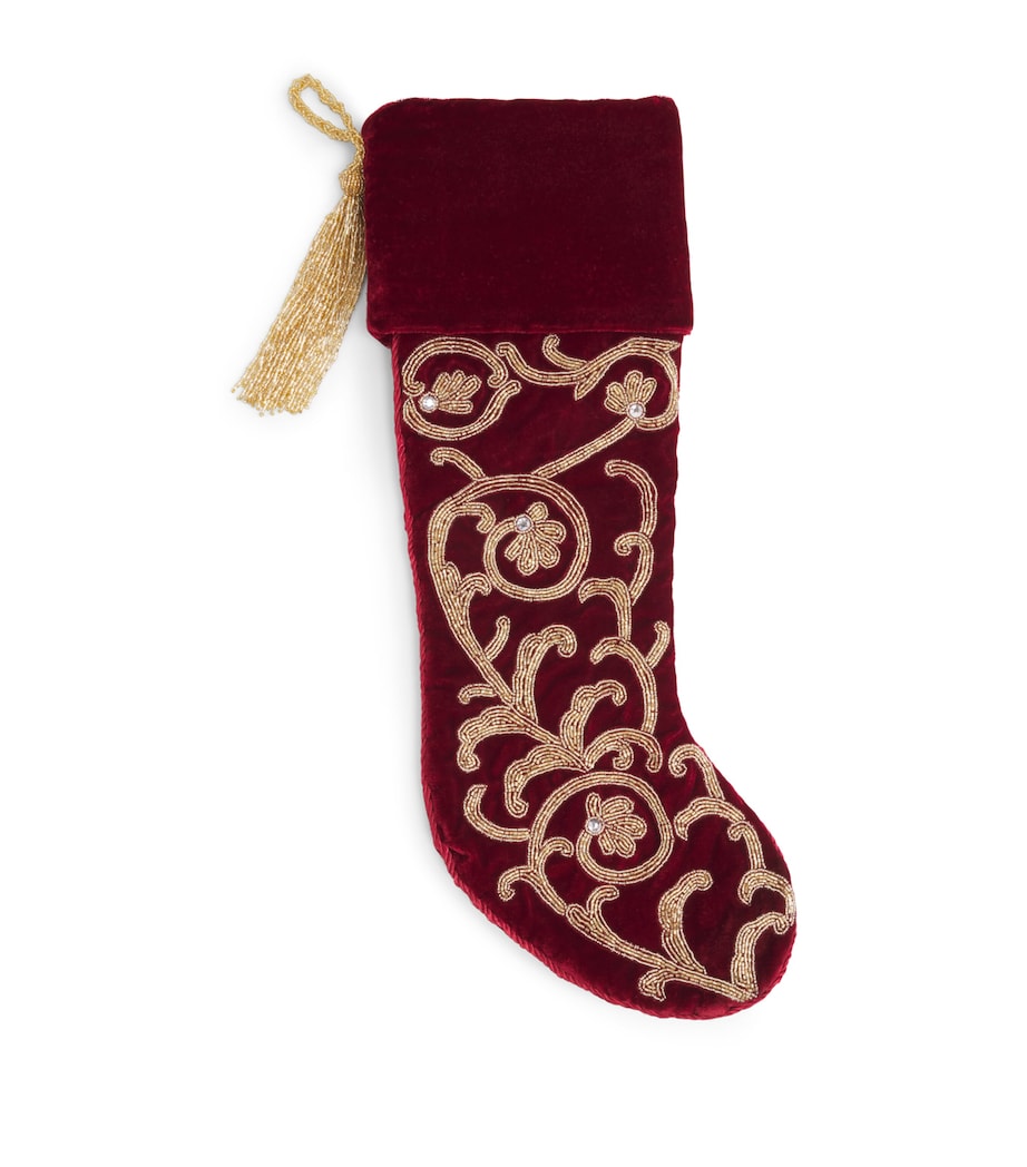 Harrods Velvet Embroidered Stocking Plum/gold Image 1