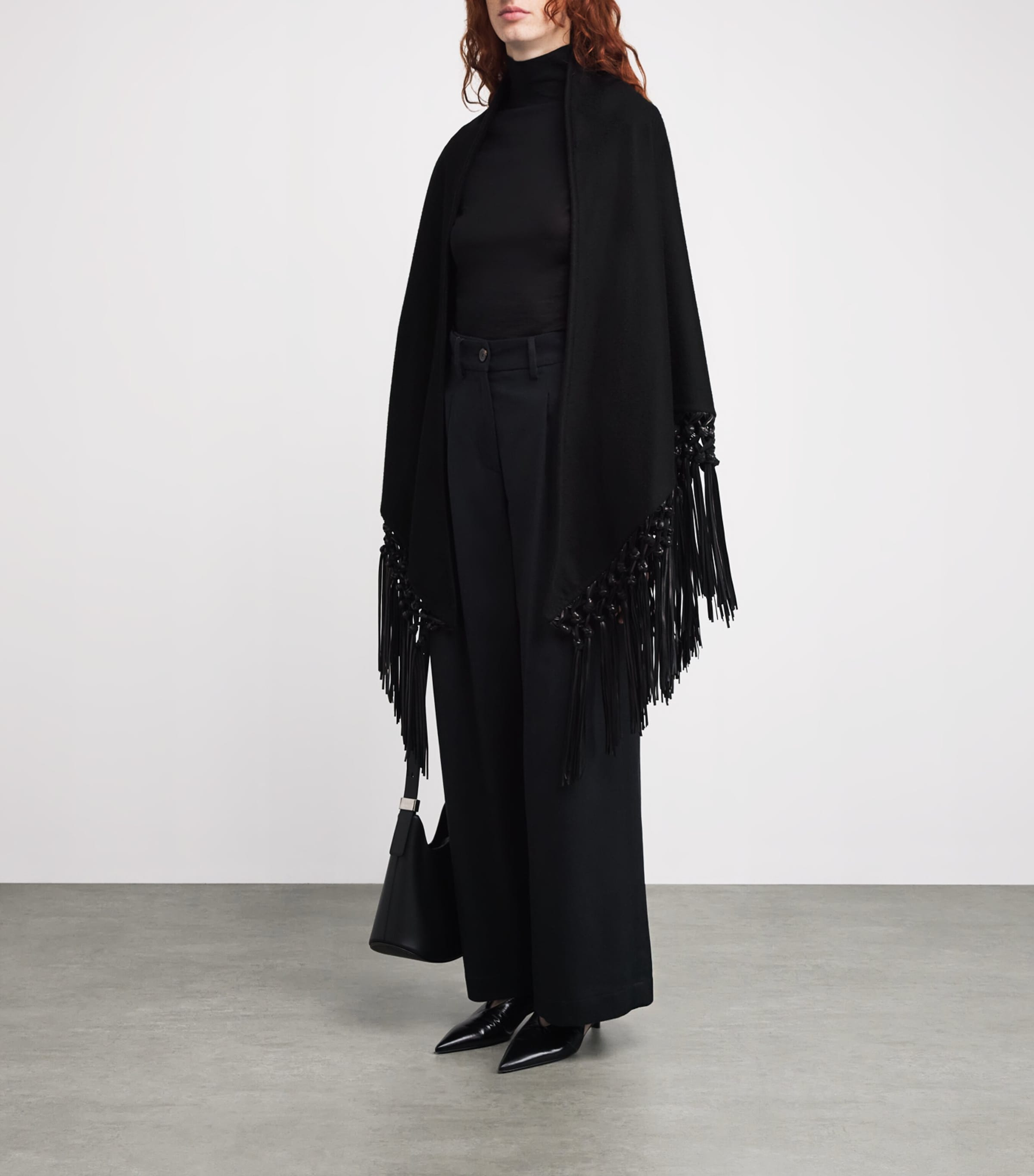 Cashmere and Leather Fringe-Trim Cape 0091 BLACK Image 2