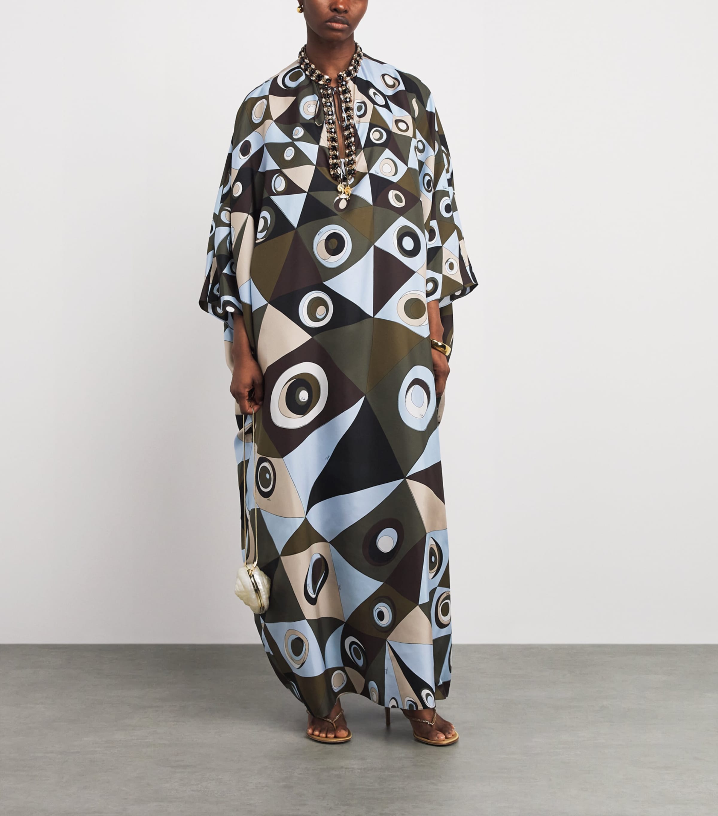 Silk Embellished Occhi Kaftan KHAKI BLUE048 Image 2