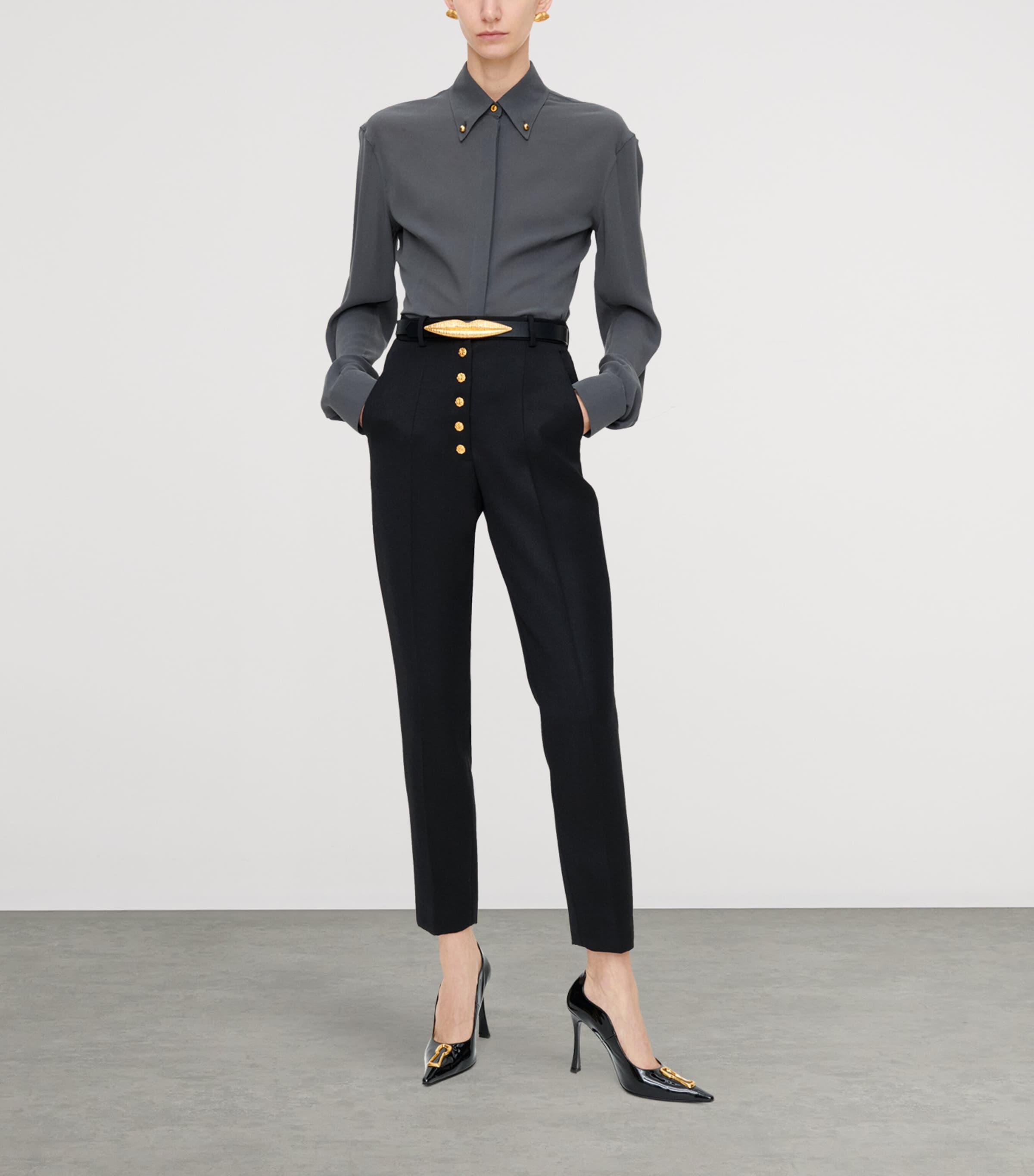 Silk Fitted Button-Down Shirt 999 BLACK Image 2