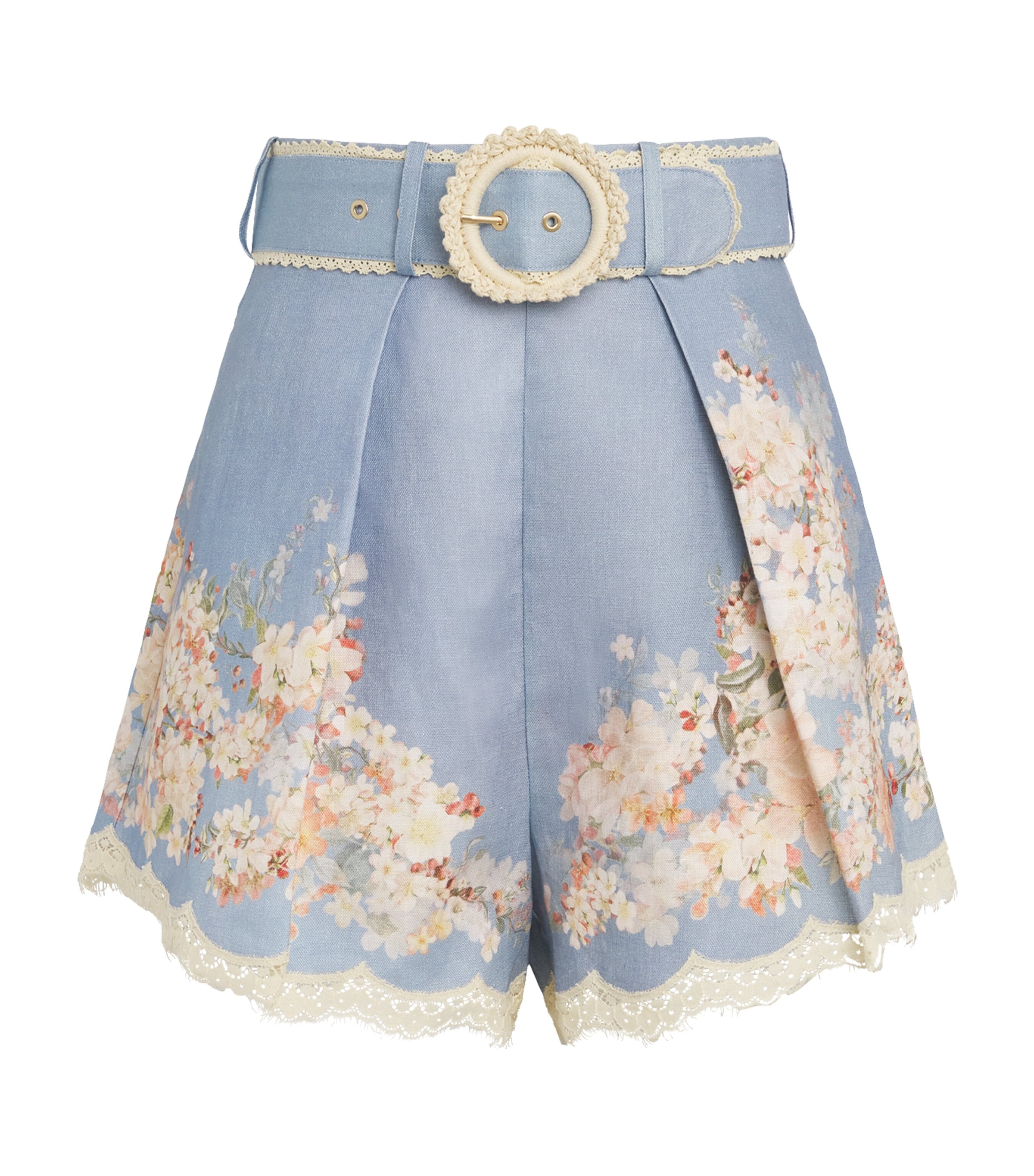 Zimmermann Linen Floral Cascadian Tuck Shorts In Blue