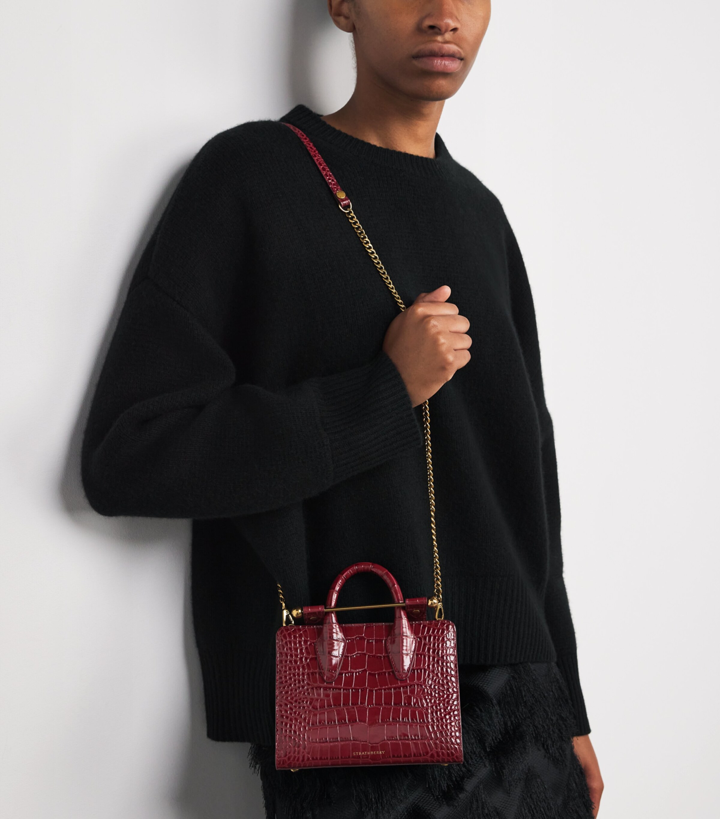 Strathberry Croc-Embossed Leather Nano Tote Bag Oxblood Image 5