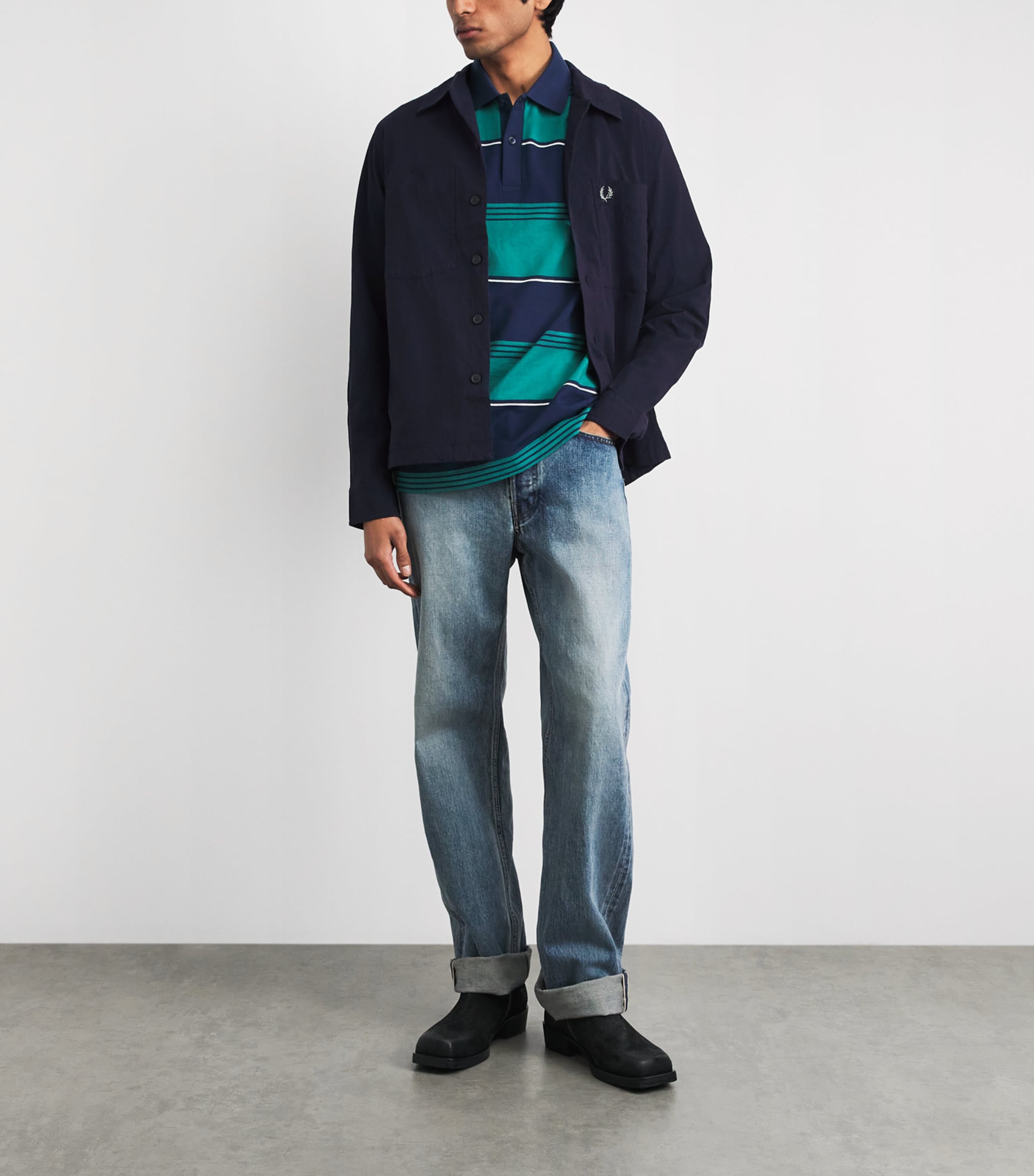 Fred Perry Mens Seersucker Double-Pocket Overshirt Navy Image 2