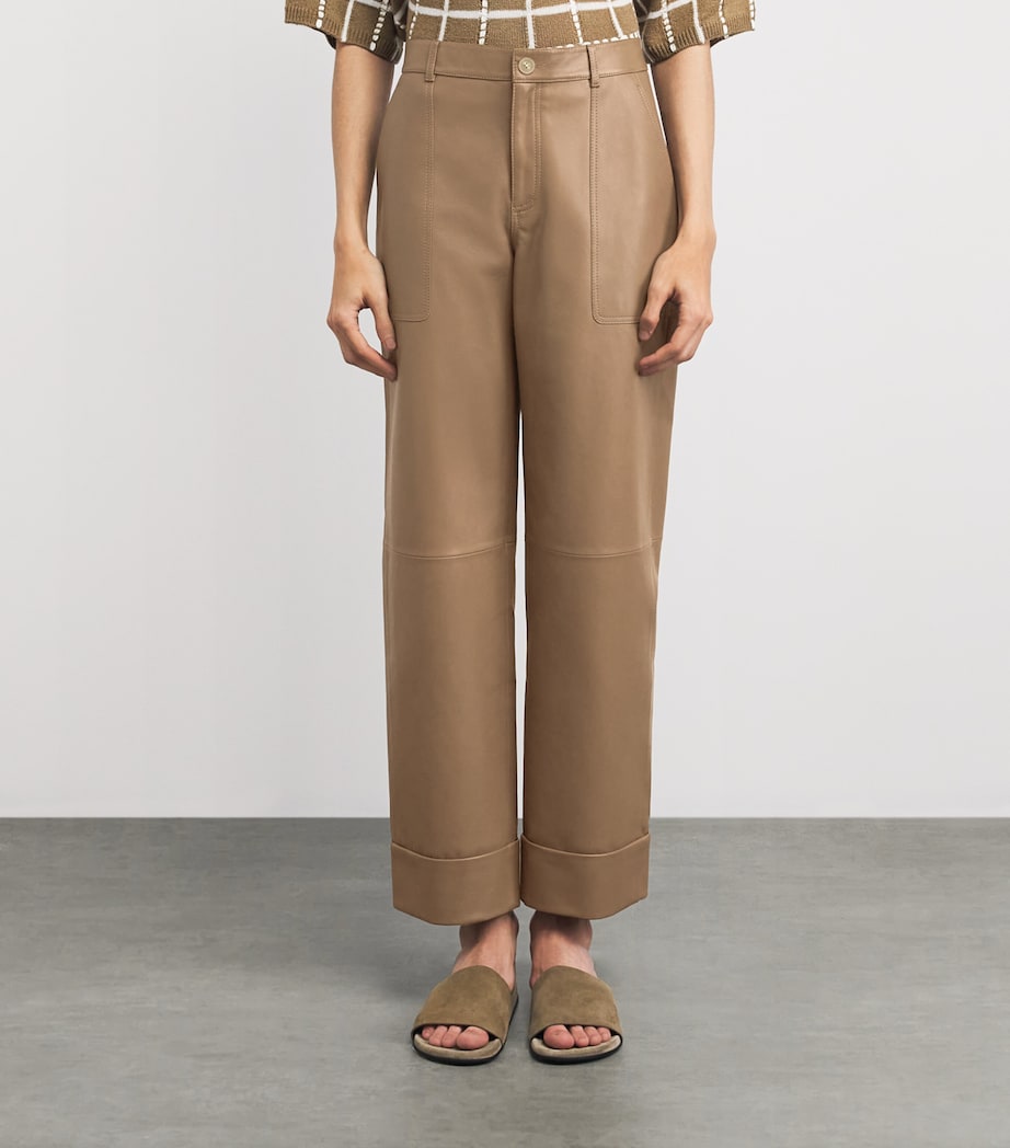 Lafayette 148 Womens Leather Straight Trousers Gncly Green Clay Image 4