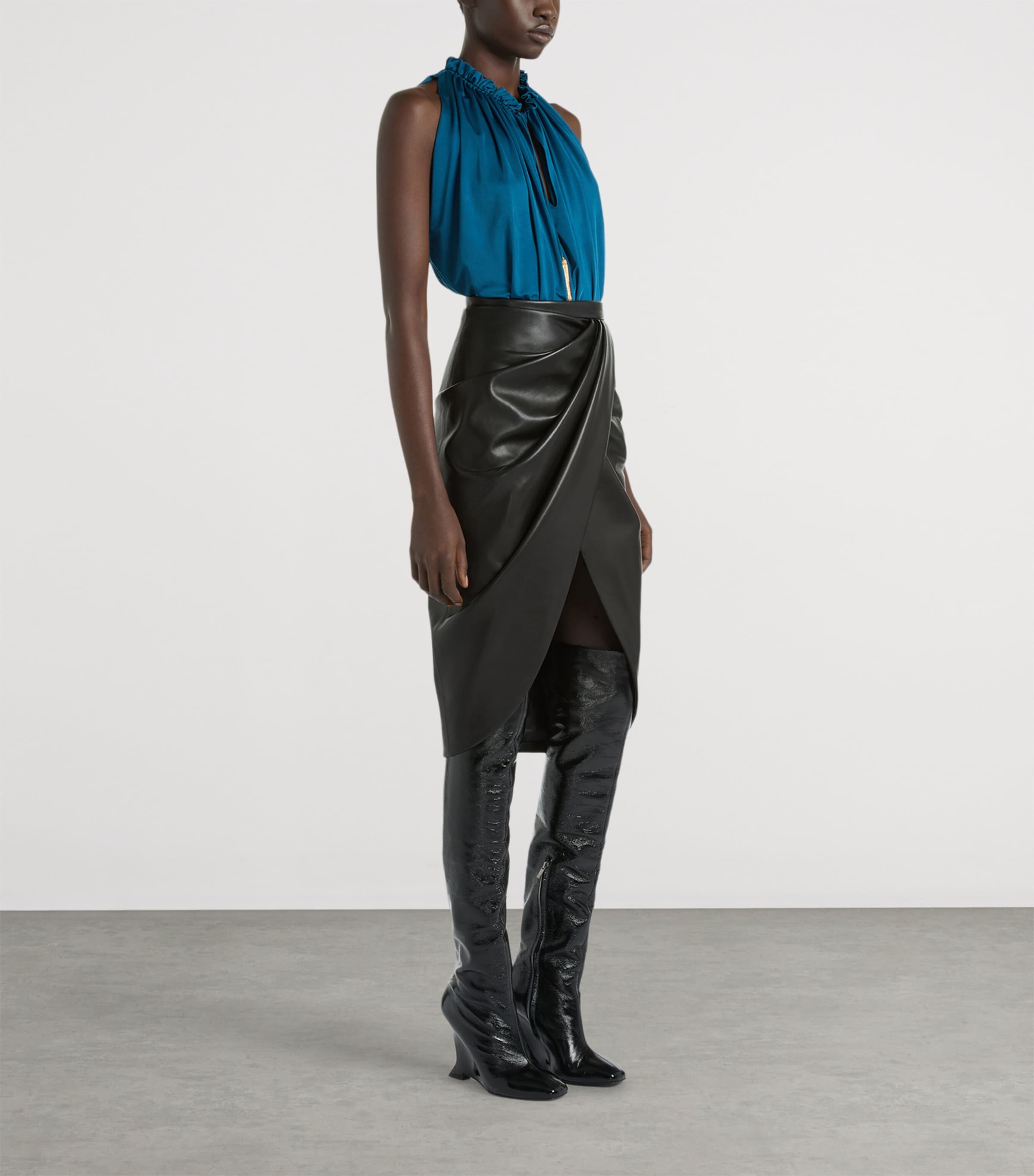Balmain Womens Lambskin Draped Midi Skirt Noir Image 2
