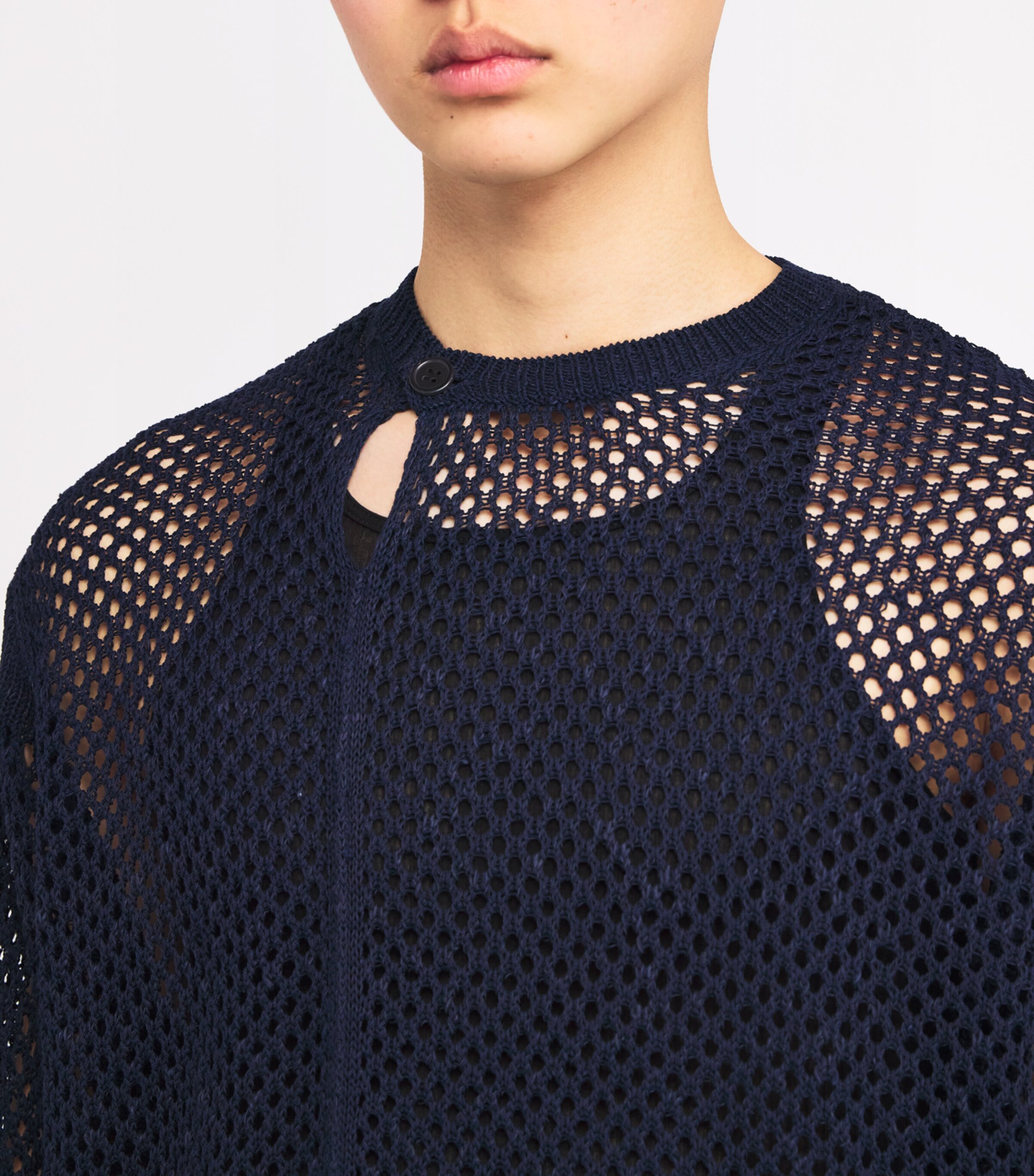 Yohji Yamamoto Mens Mesh Panel Pullover Shirt Navy Image 6