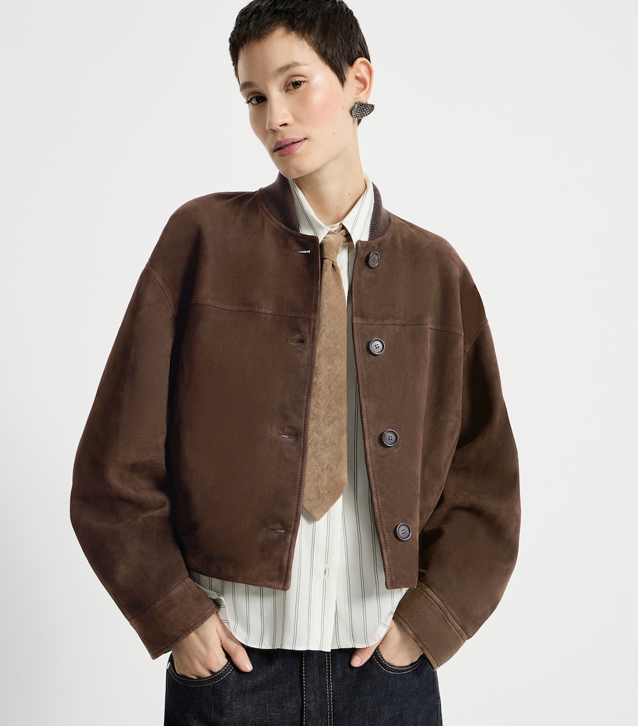Brunello Cucinelli Womens Suede Monili Bomber Jacket Brown Image 2