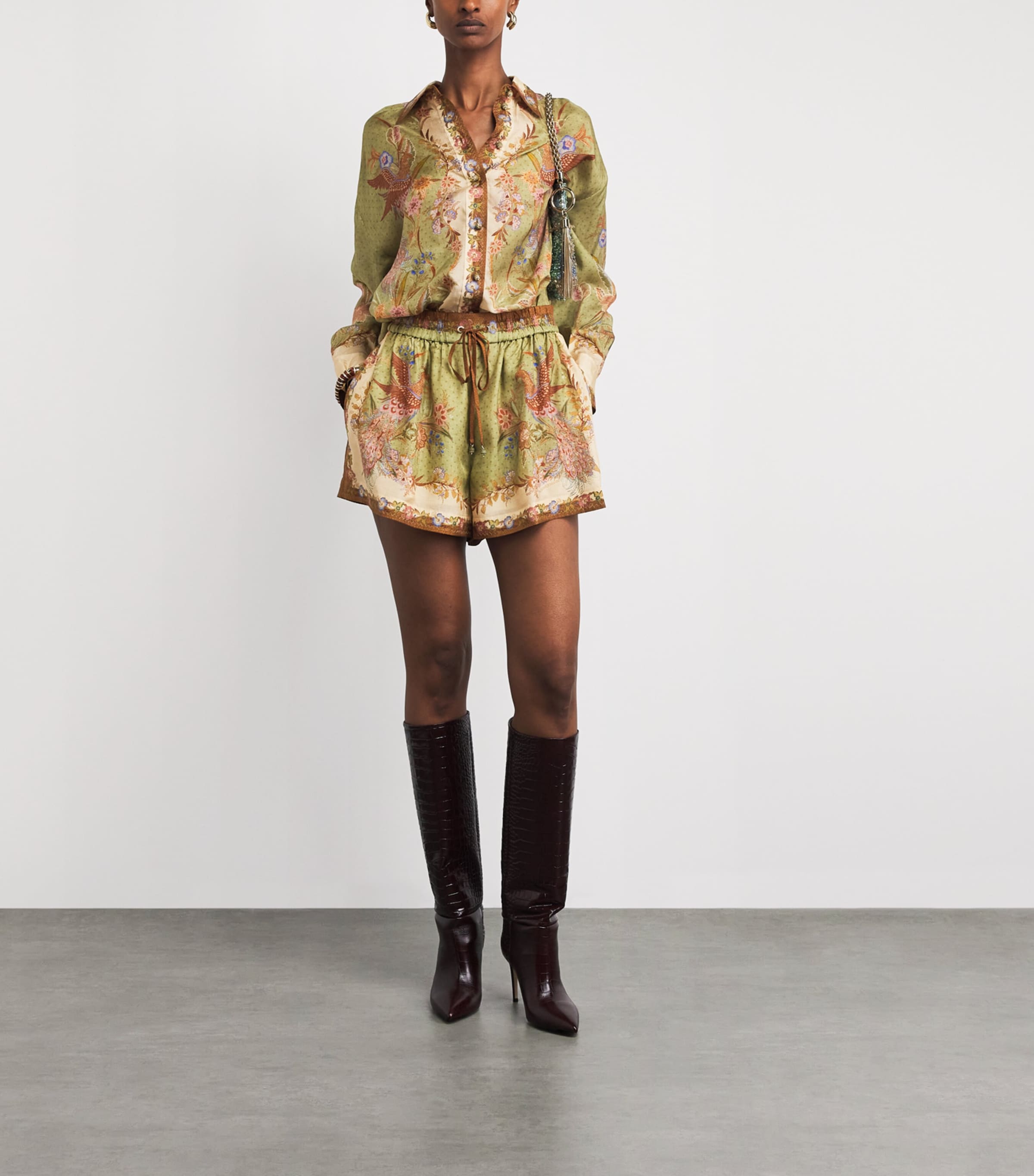 Zimmermann Womens Silk Indra Shorts Khaki Scarf Floral Image 2