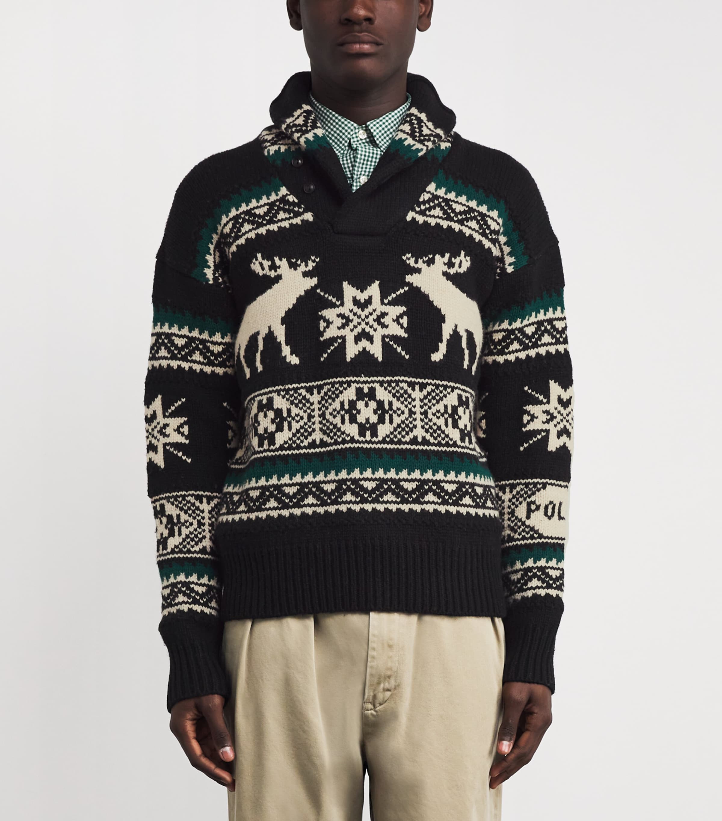 Wool-Blend Shawl-Collar Elk Sweater BLACK Image 3