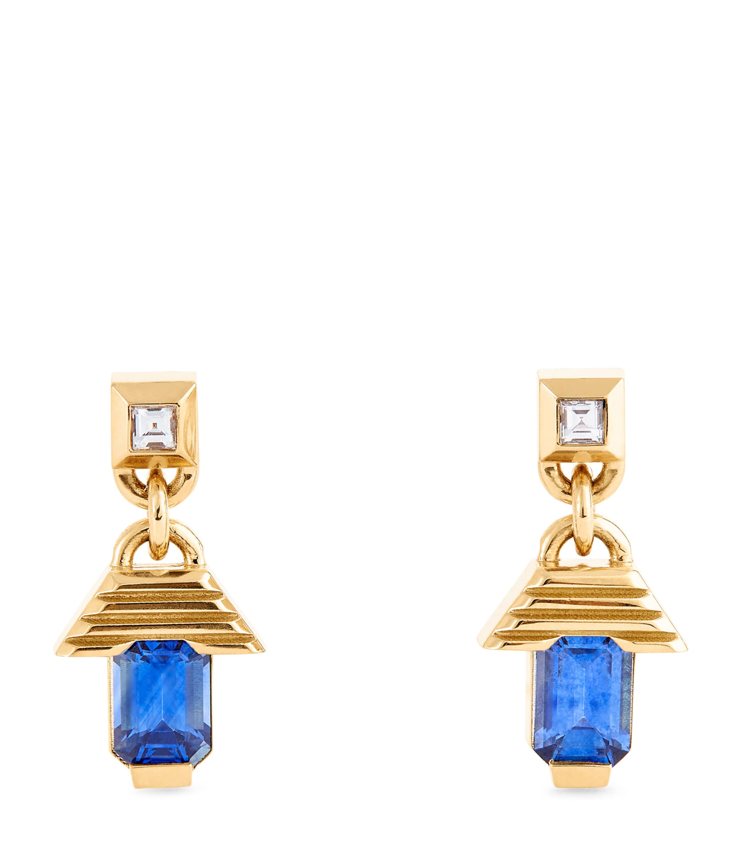 Azlee Small Yellow Gold, Diamond And Sapphire Escalier Drop Earrings