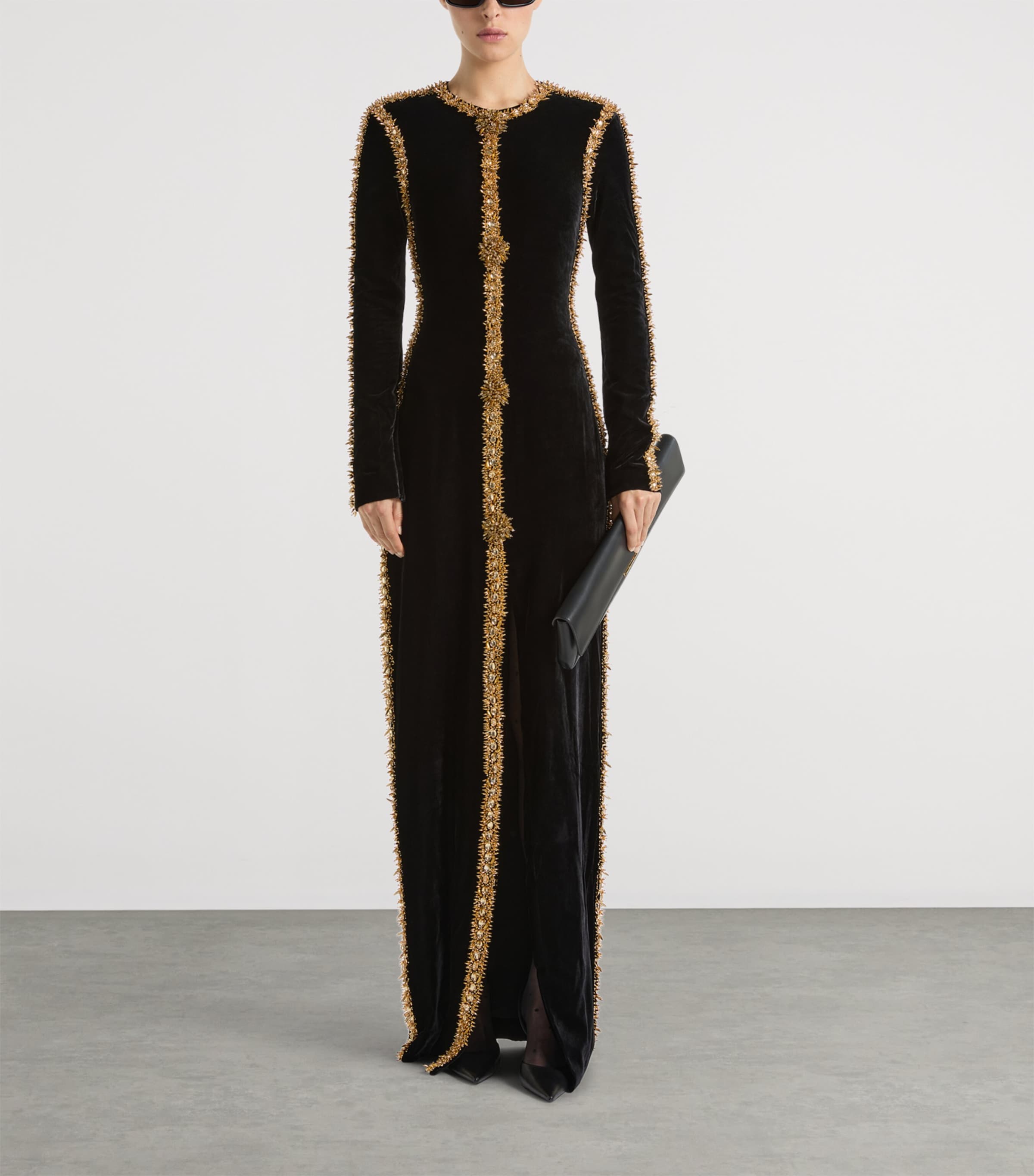 Balmain Womens Velvet Beaded-Trim Maxi Dress Ead Noir Or Image 3