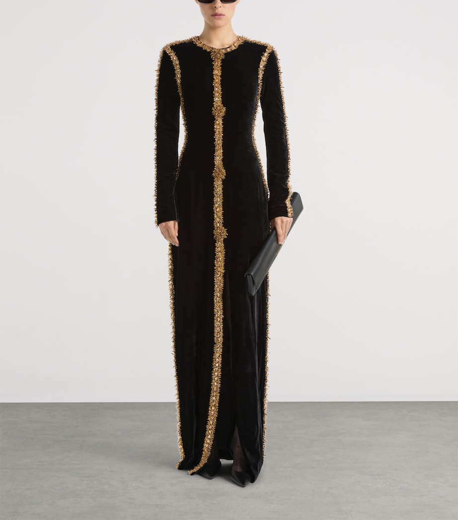 Balmain Womens Velvet Beaded-Trim Maxi Dress Ead Noir Or Image 3