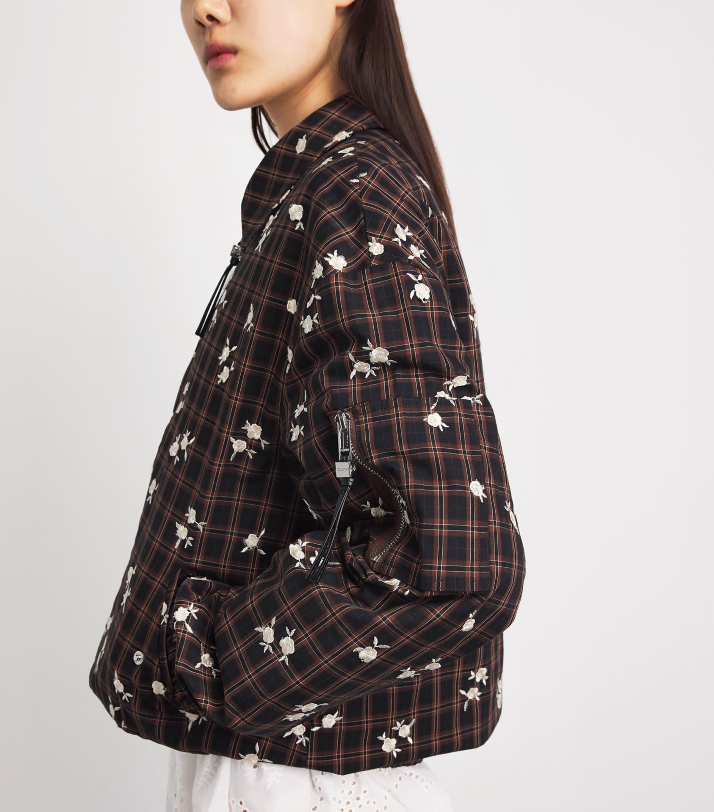 GANNI Womens Check Printed Bomber Jacket Cappuccino Image 3